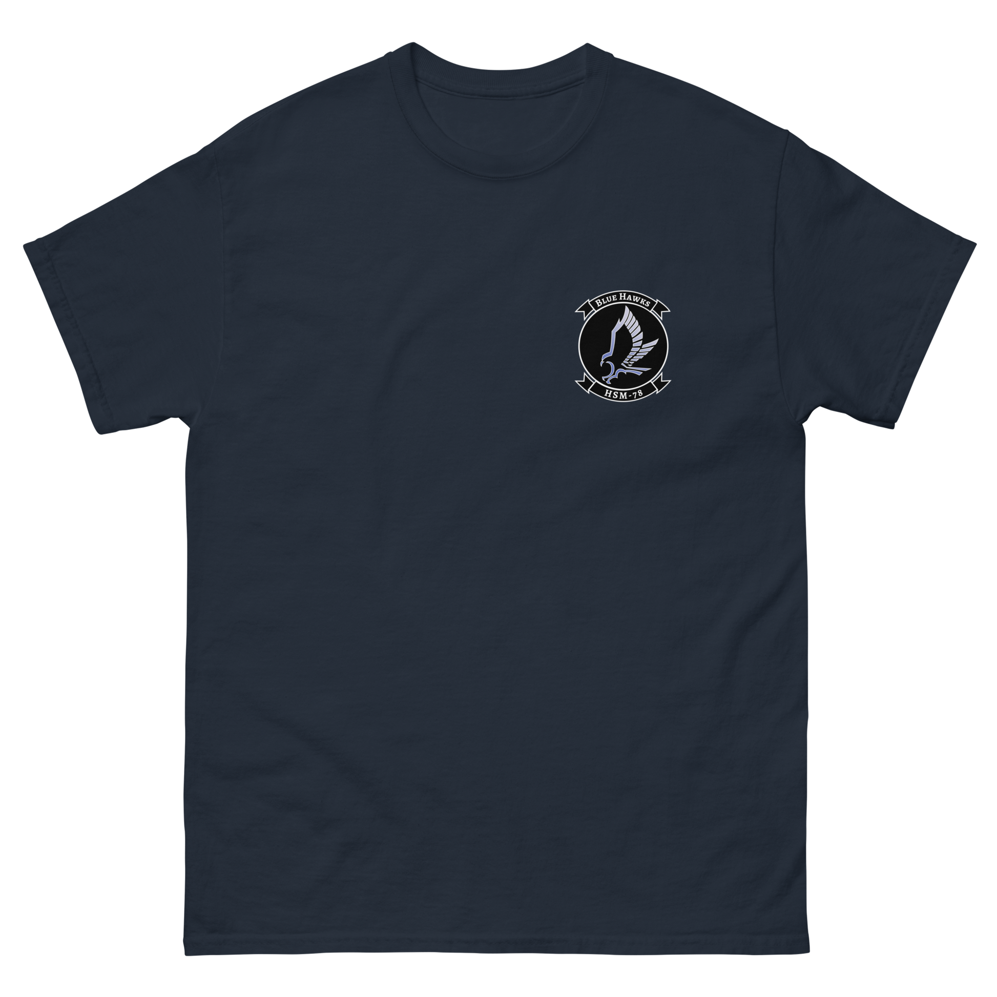 HSM-78 Blue Hawks Squadron Crest T-Shirt – front view, navy