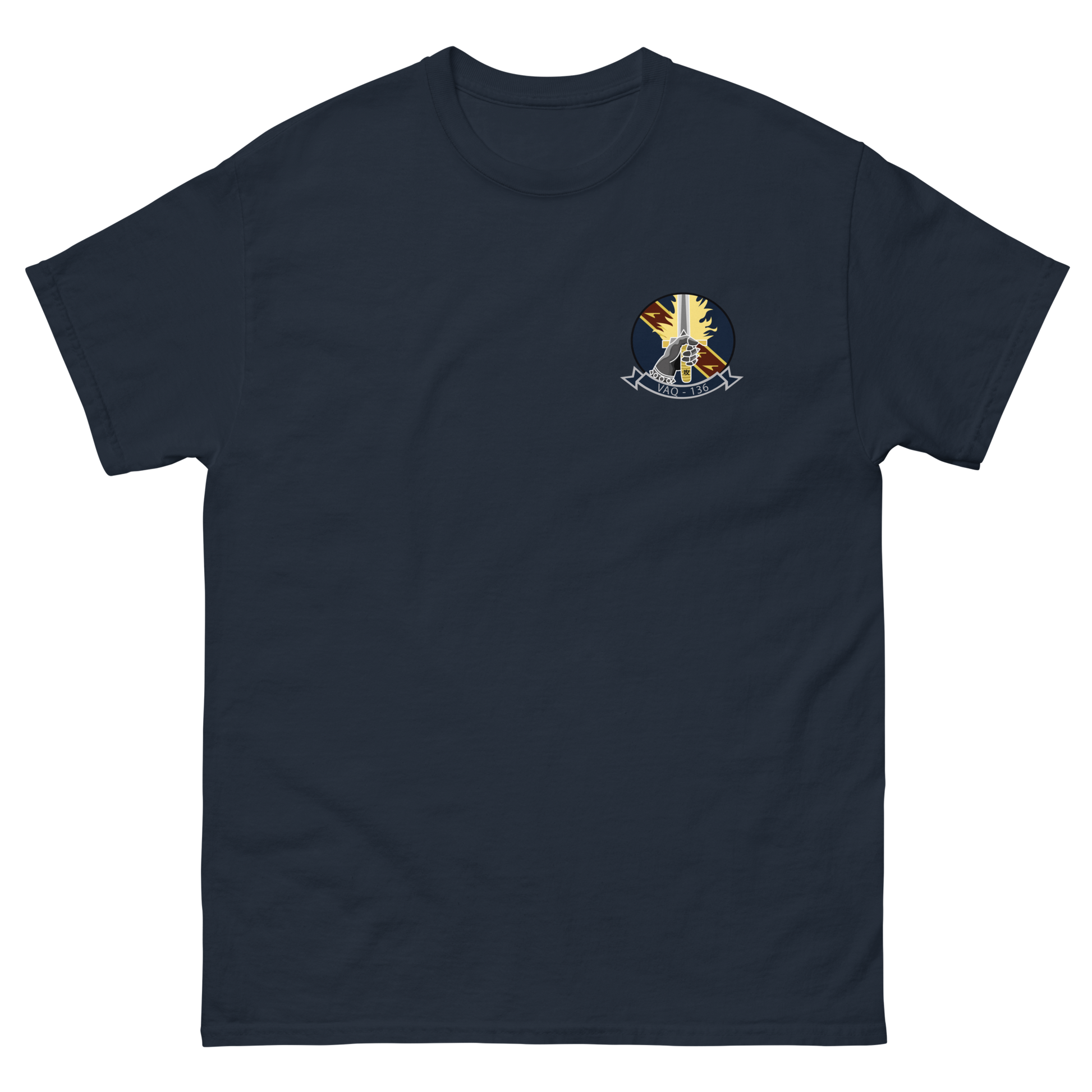 VAQ-136 Gauntlets Squadron Crest T-Shirt – front view, navy