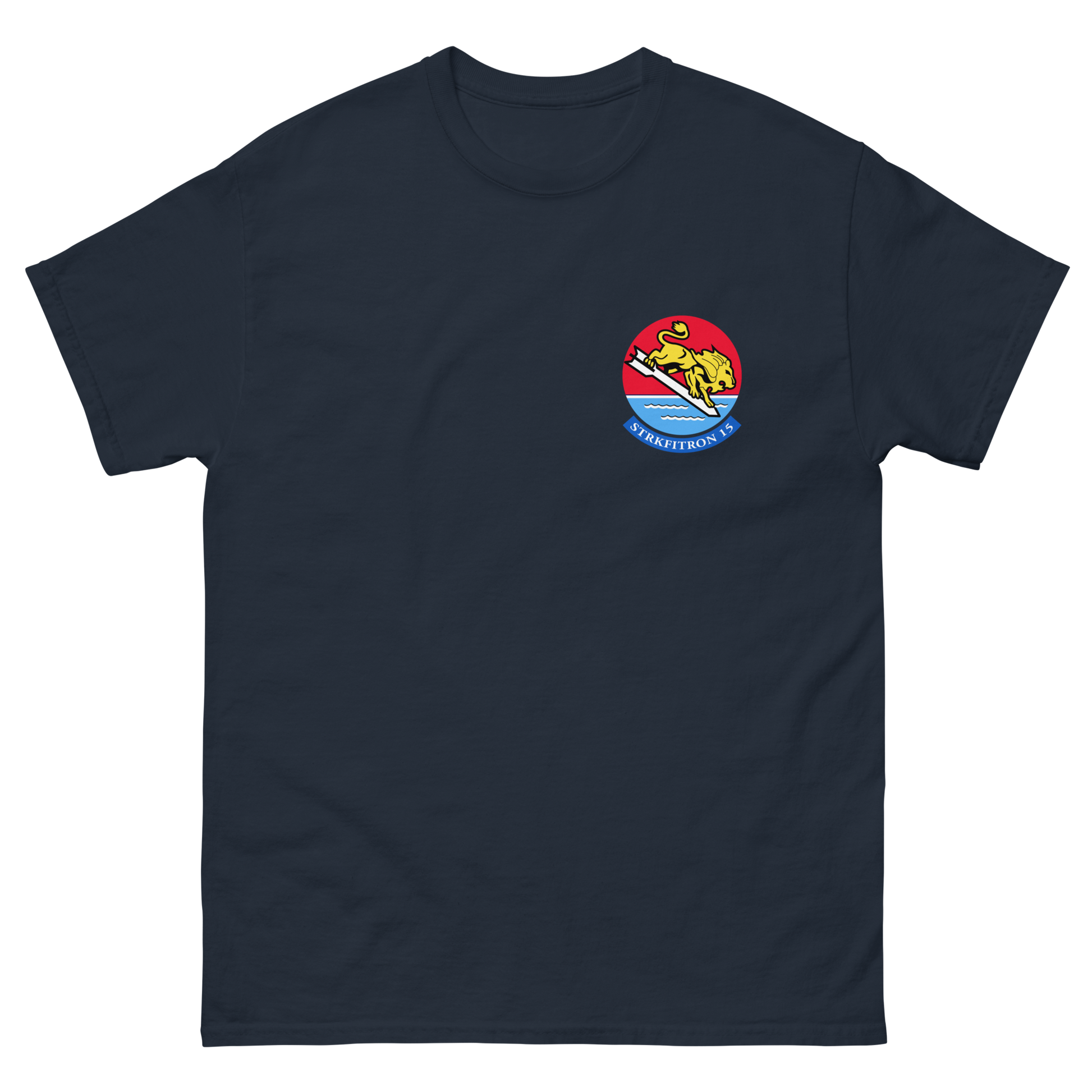 VFA-15 Valions Squadron Crest T-Shirt – front view, navy