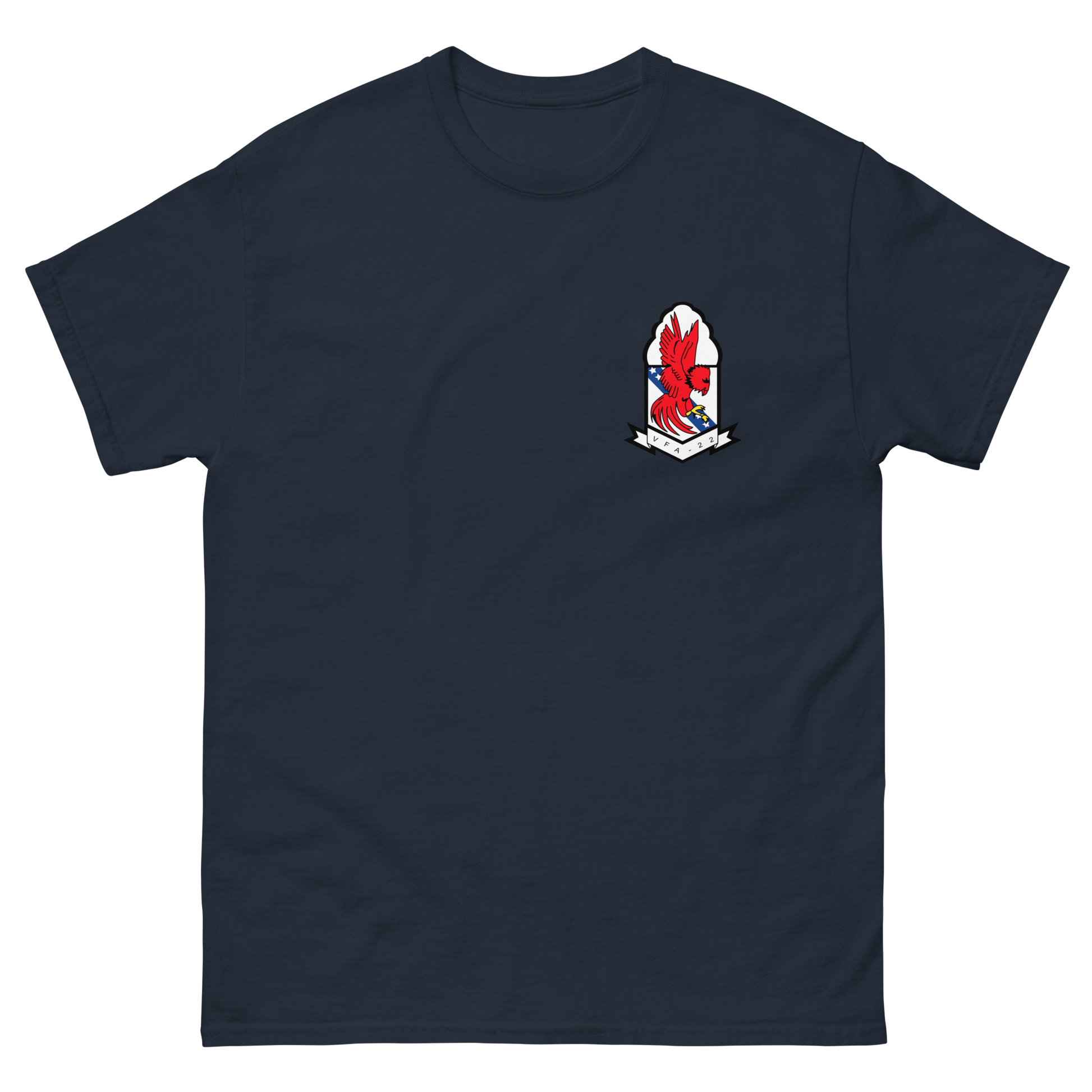 VFA-22 Fighting Redcocks Squadron Crest T-Shirt – front view, navy