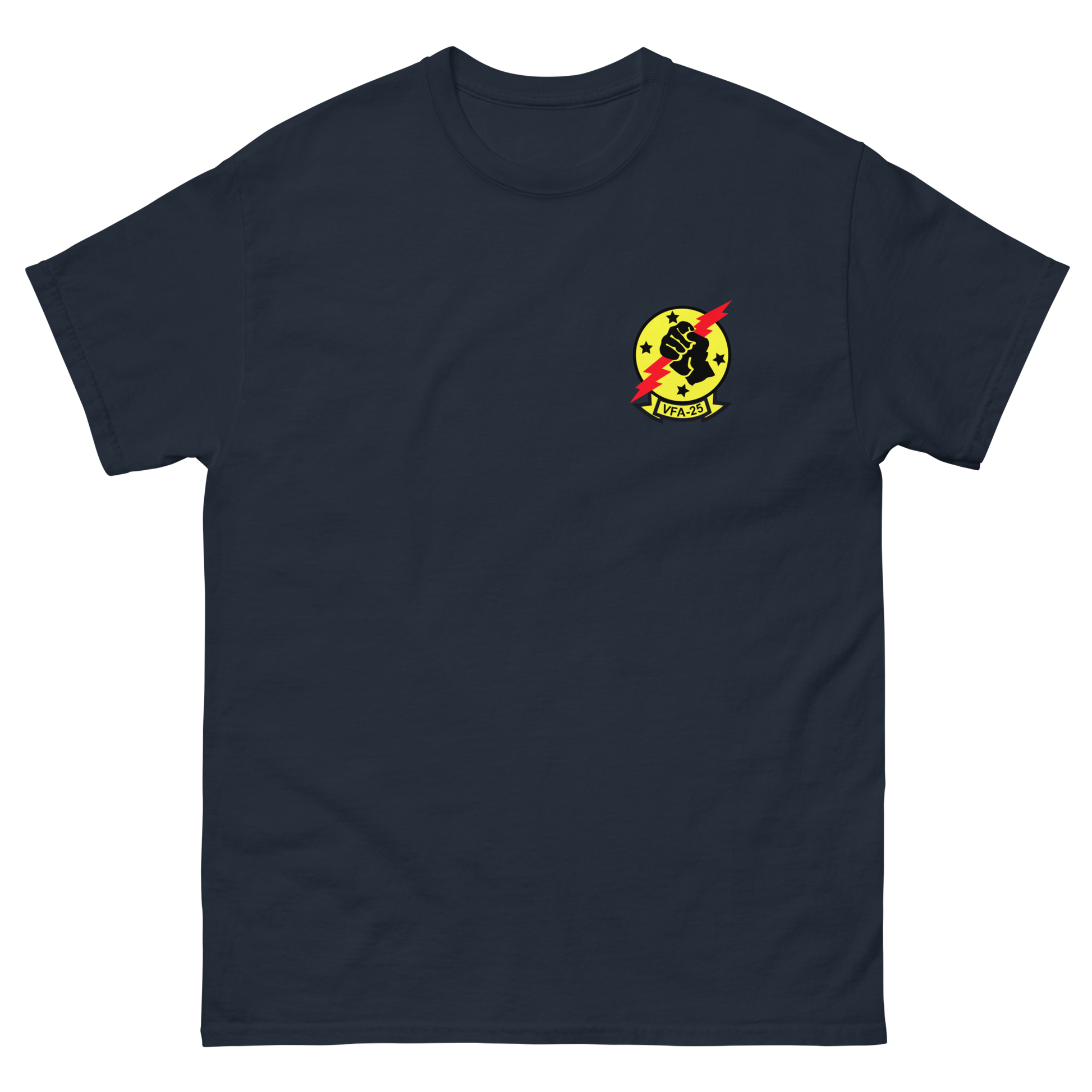 VFA-25 Fist of the Fleet Squadron Crest T-Shirt – front view, navy