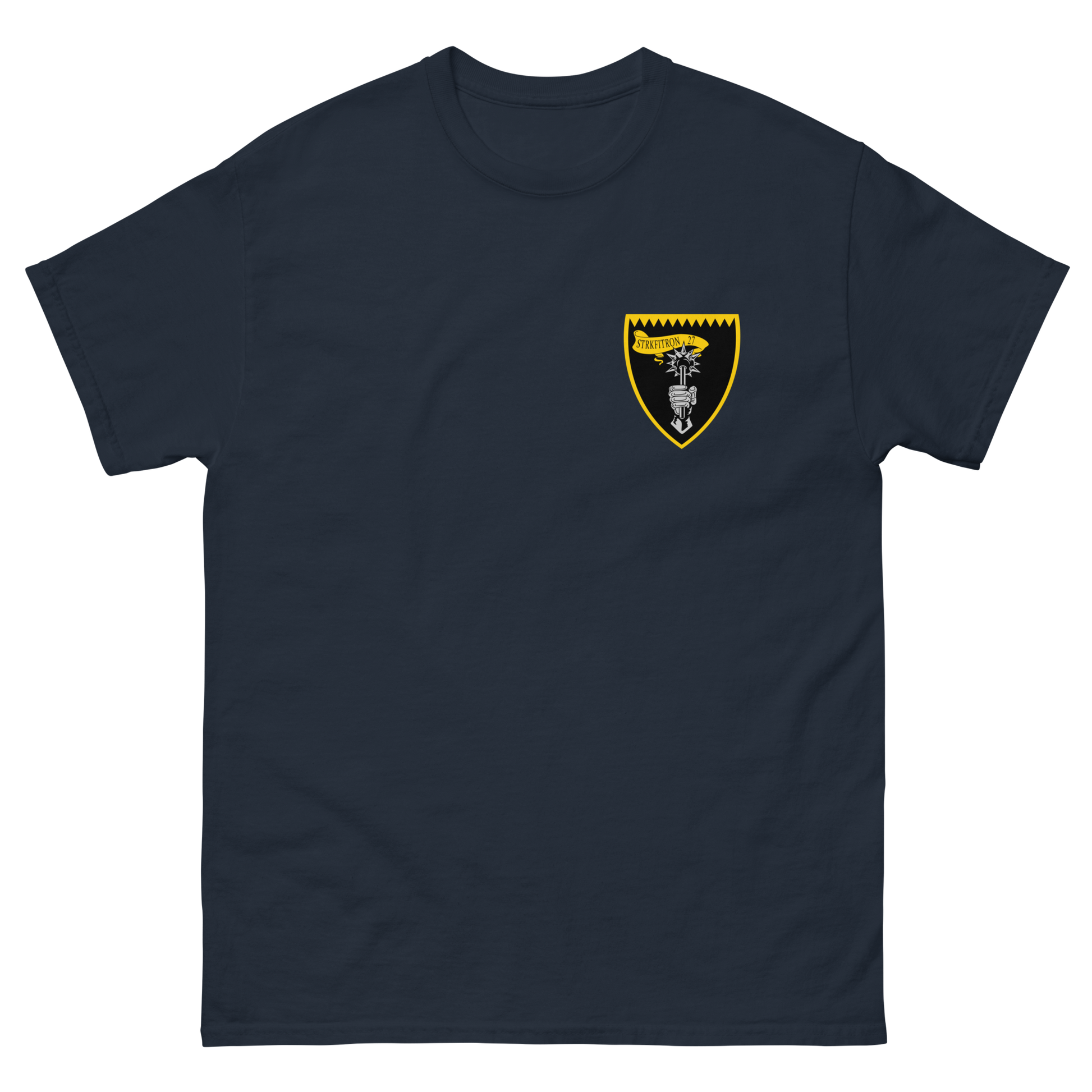 VFA-27 Royal Maces Squadron Crest T-Shirt – front view, navy