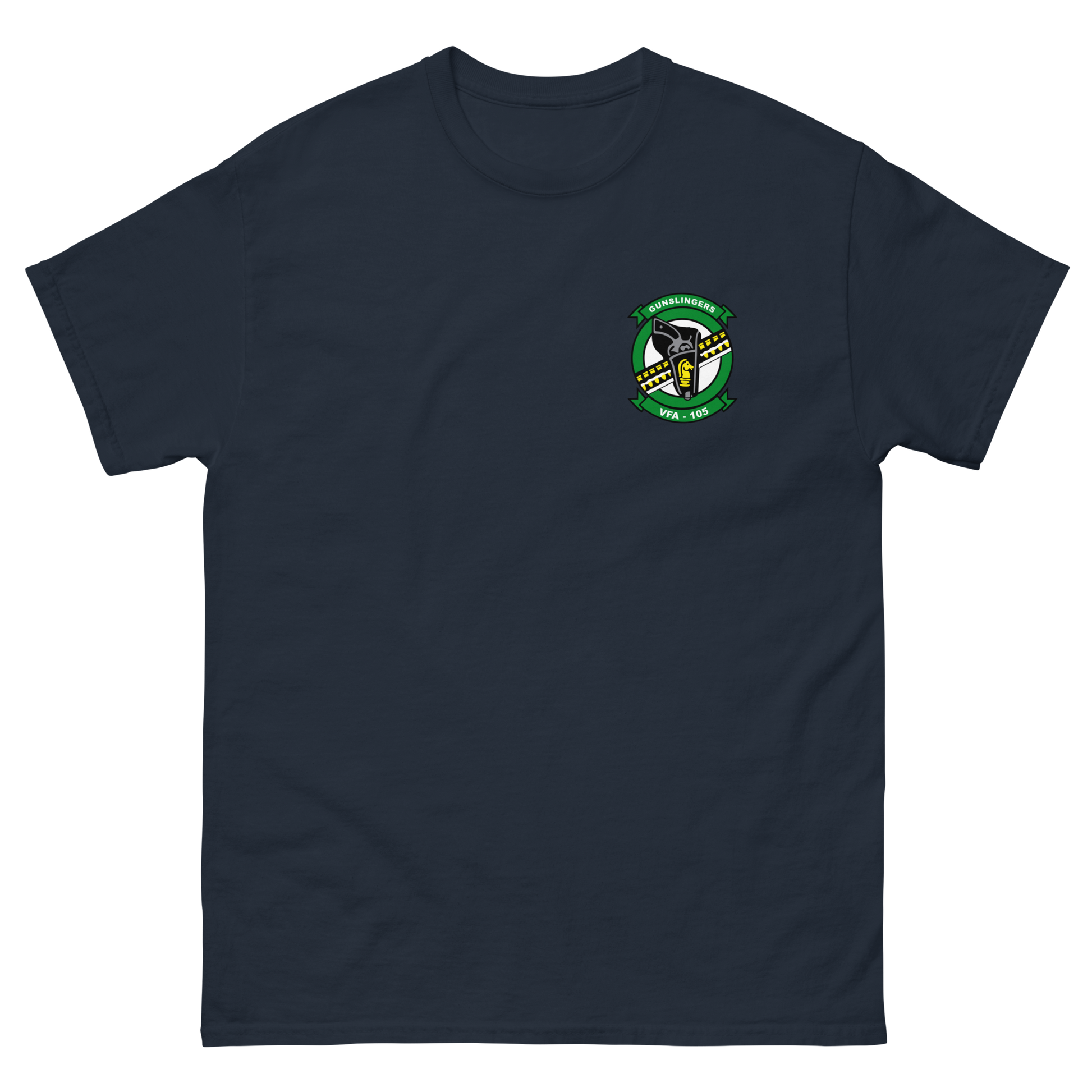 VFA-105 Gunslingers Squadron Crest T-Shirt – front view, navy