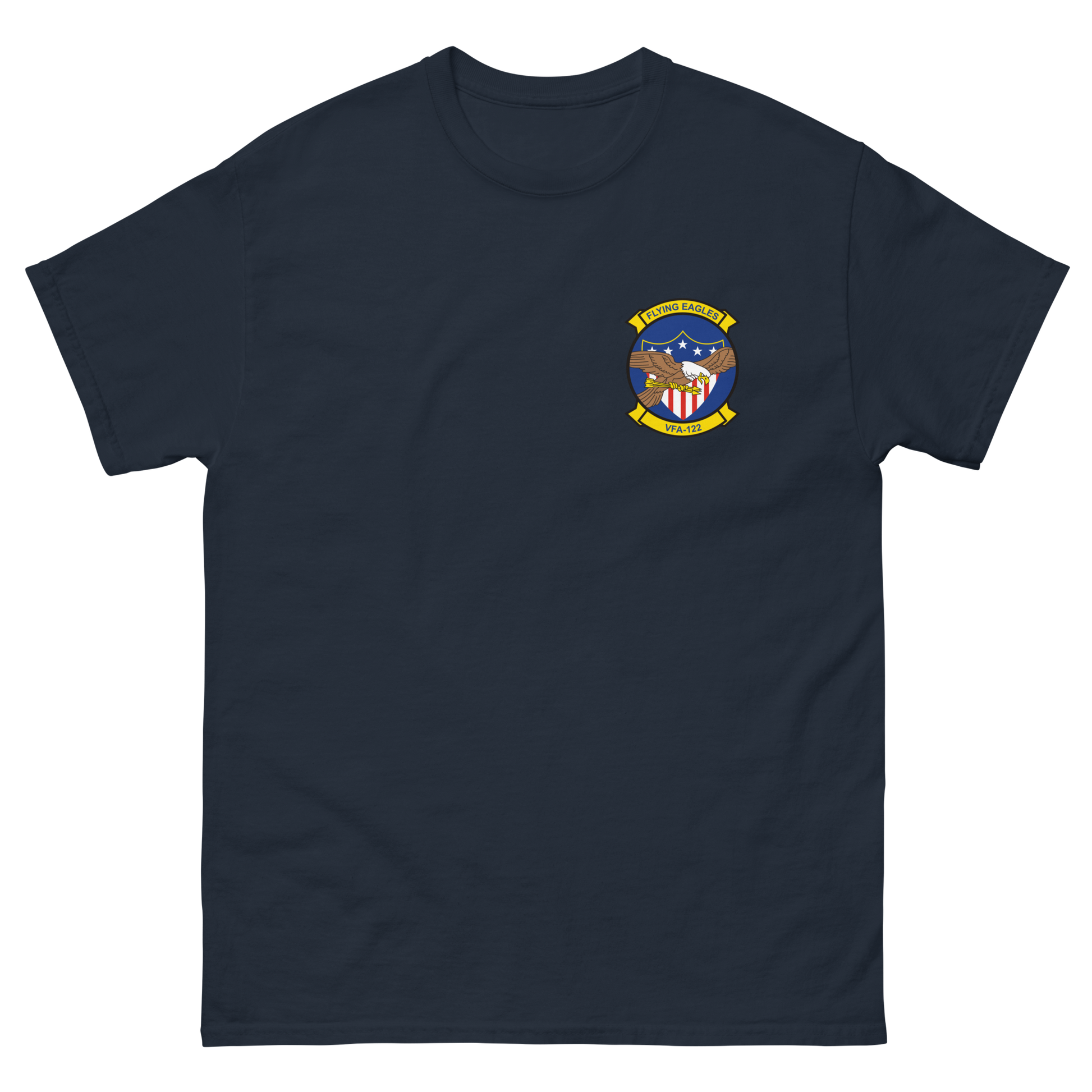 VFA-122 Flying Eagles Squadron Crest T-Shirt – front view, navy
