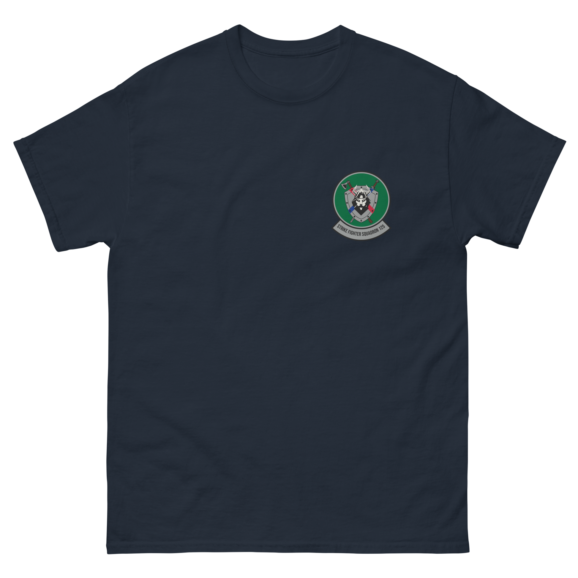 VFA-125 Rough Raiders Squadron Crest T-Shirt – front view, navy