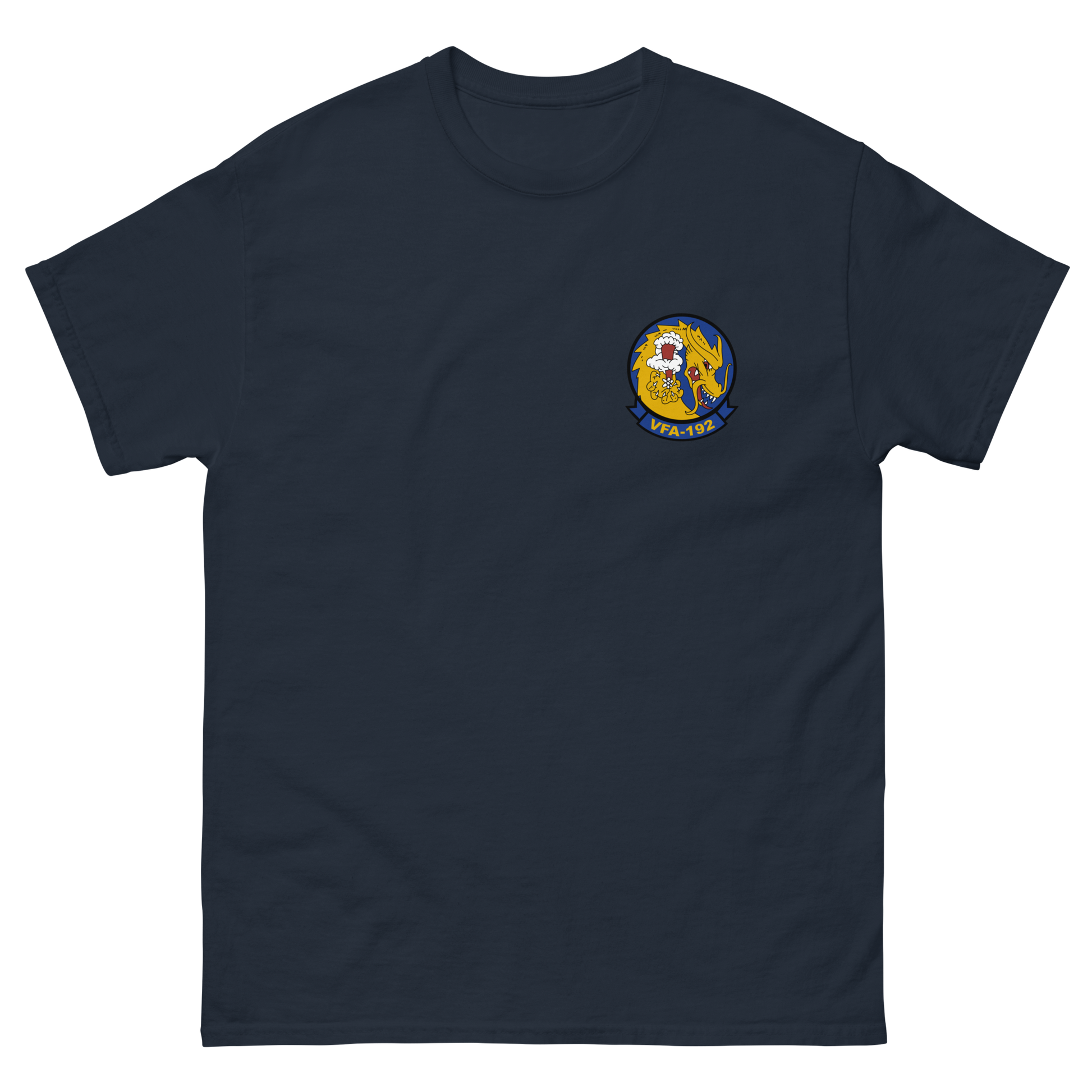 VFA-192 World Famous Golden Dragons Squadron Crest T-Shirt – front view, navy