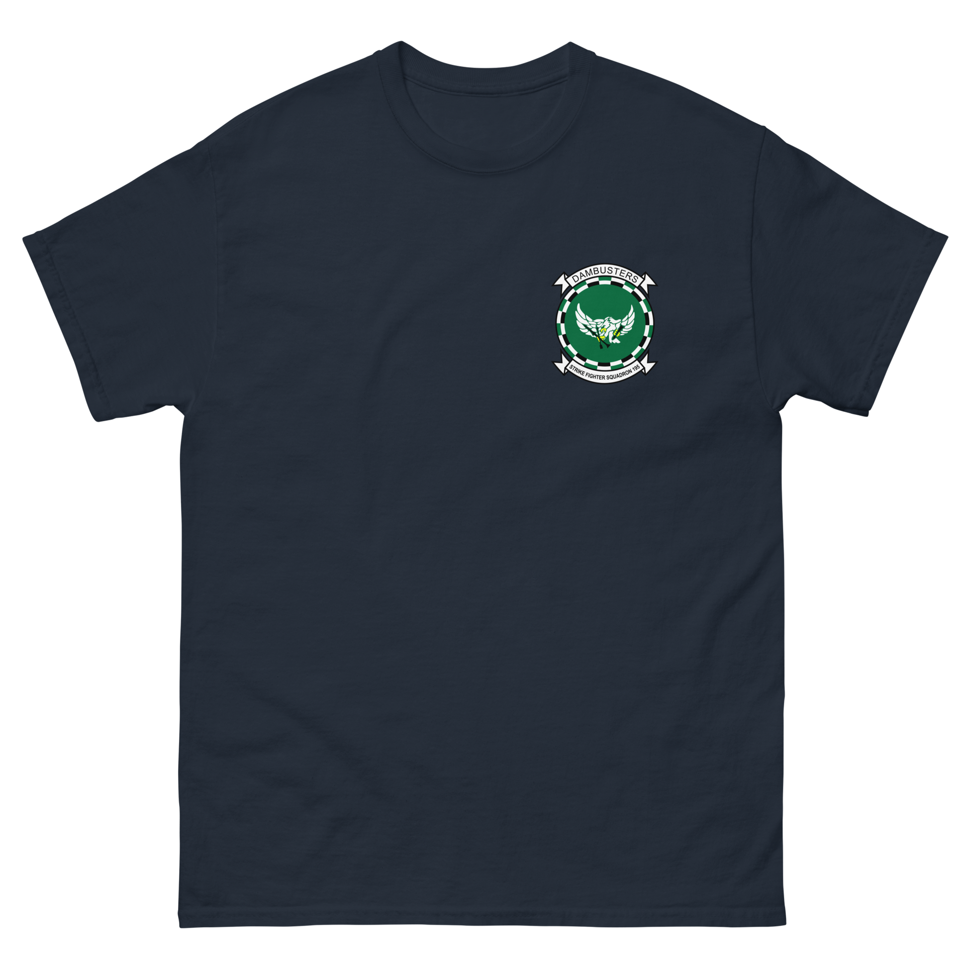 VFA-195 Dambusters Squadron Crest T-Shirt – front view, navy