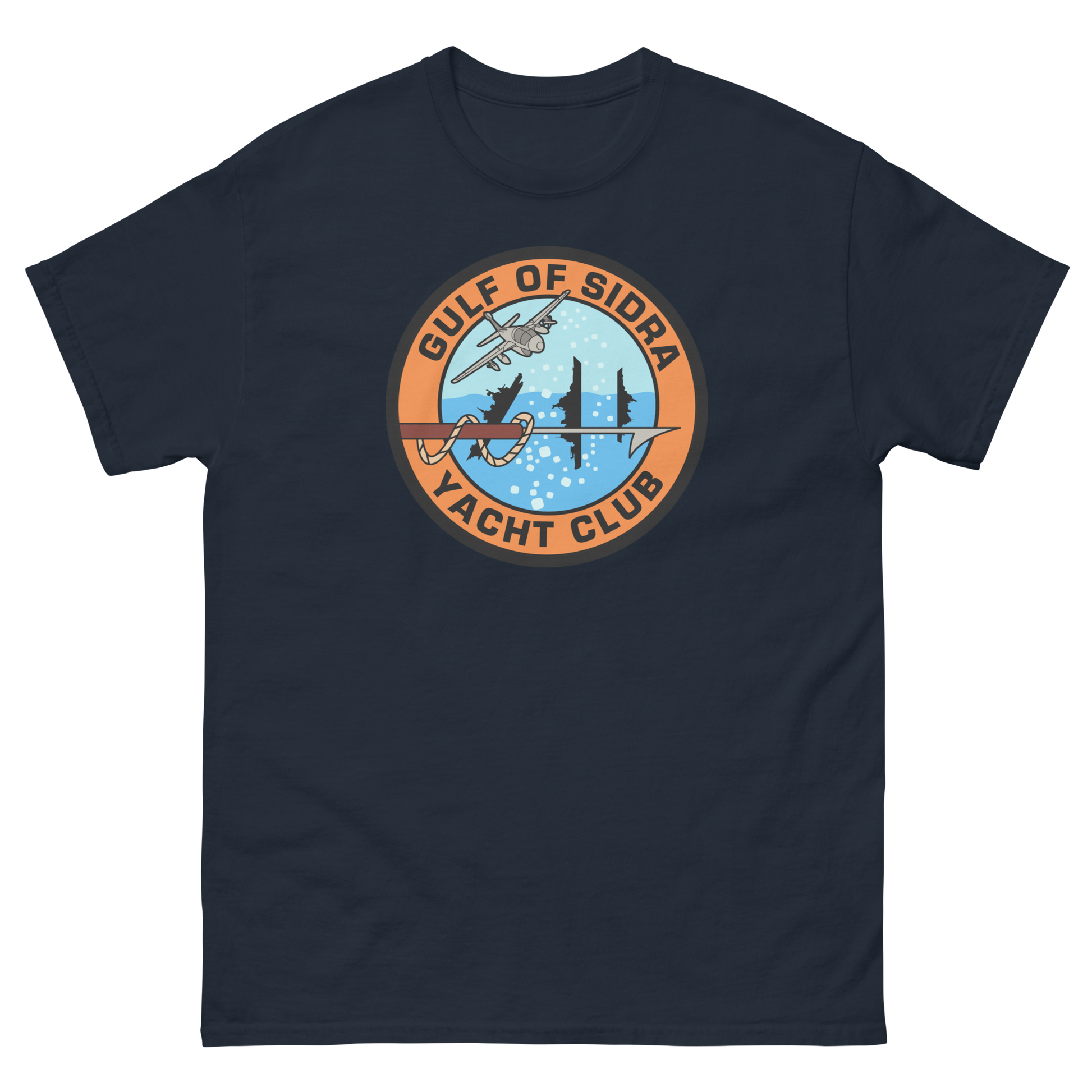 Gulf of Sidra Yacht Club T-Shirt – front view, navy