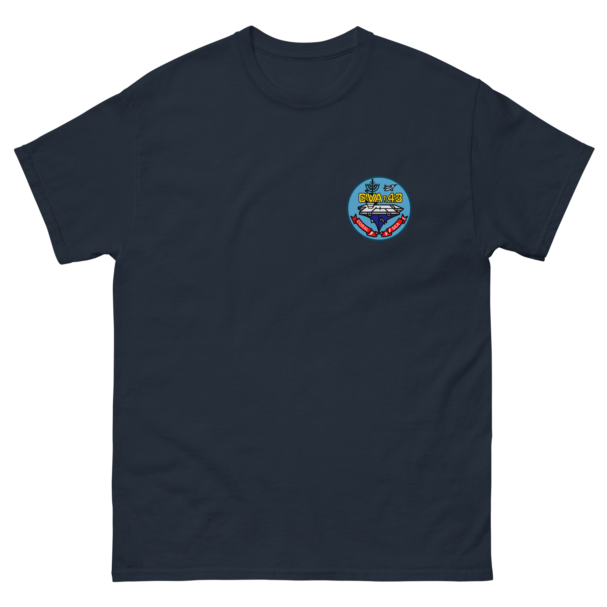 USS Coral Sea (CVA-43) Ship's Crest T-Shirt – front view, navy