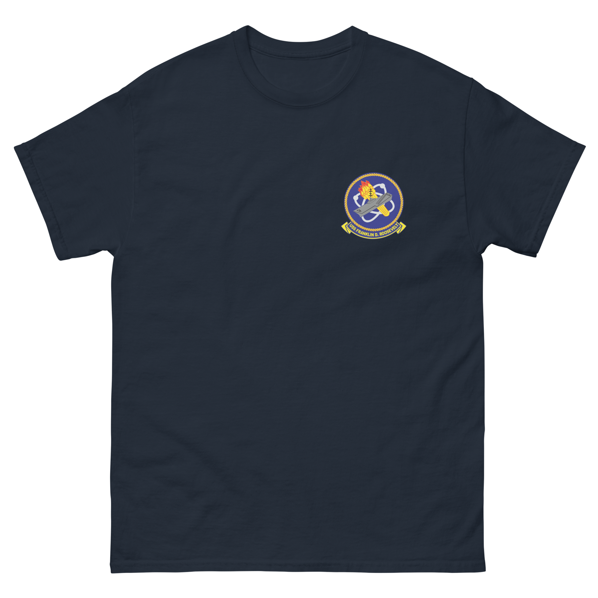 USS Franklin D. Roosevelt (CVB/CVA/CV-42) Ship's Crest T-Shirt – front view, navy