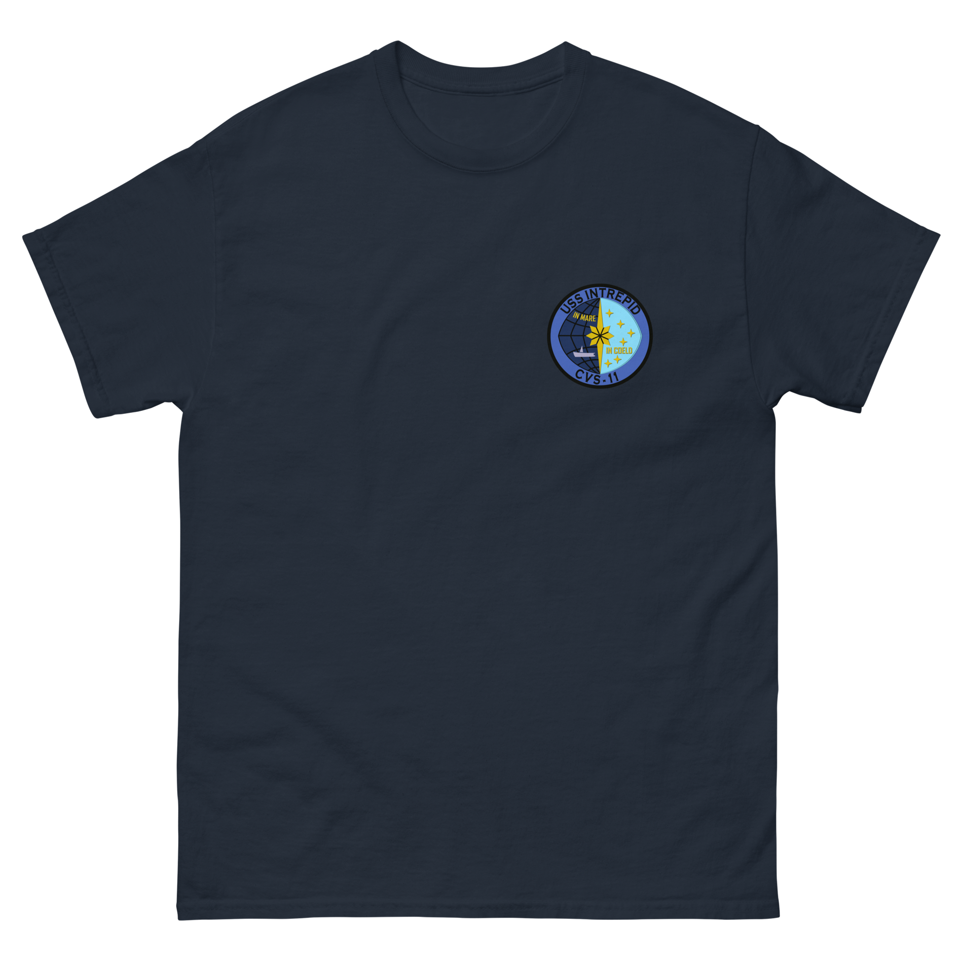 USS Intrepid (CVS-11) Ship's Crest T-Shirt – front view, navy