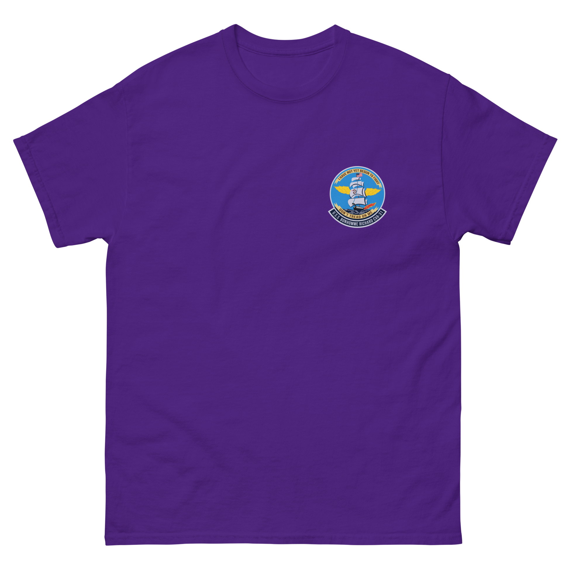 USS Bonhomme Richard (CVA-31) Ship's Crest T-Shirt – front view, purple