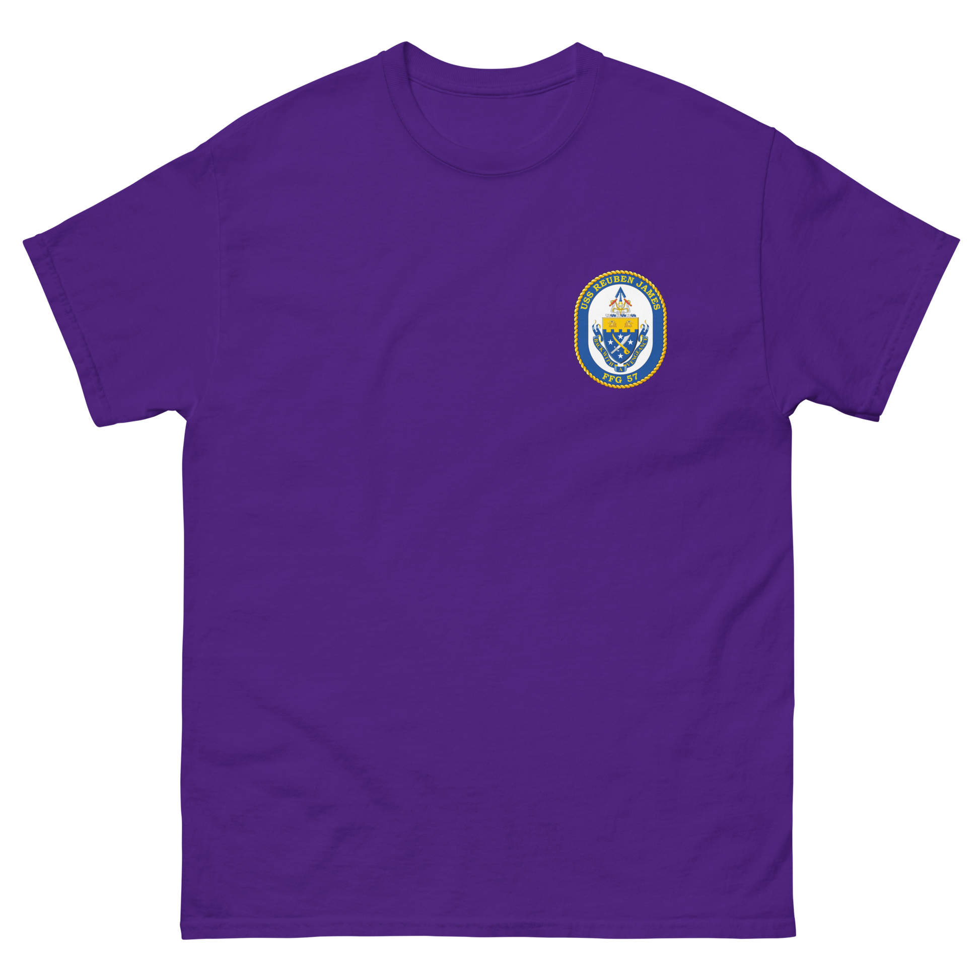 USS Reuben James (FFG-57) Ship's Crest Shirt – front view, purple