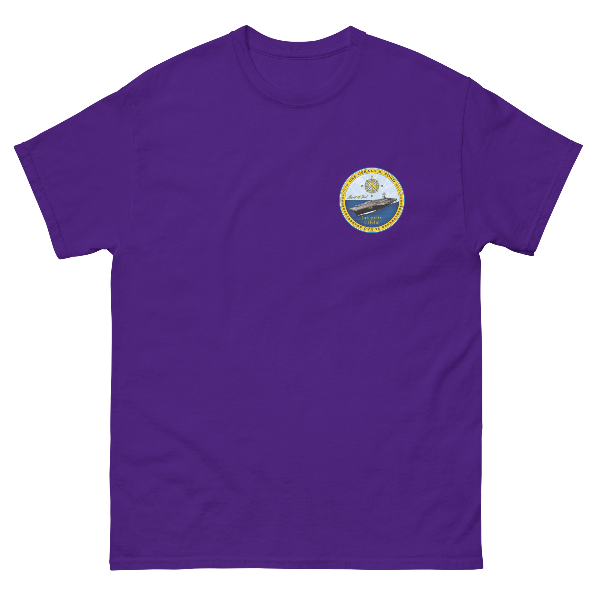 USS Gerald R. Ford (CVN-78) Ship's Crest T-Shirt – front view, purple