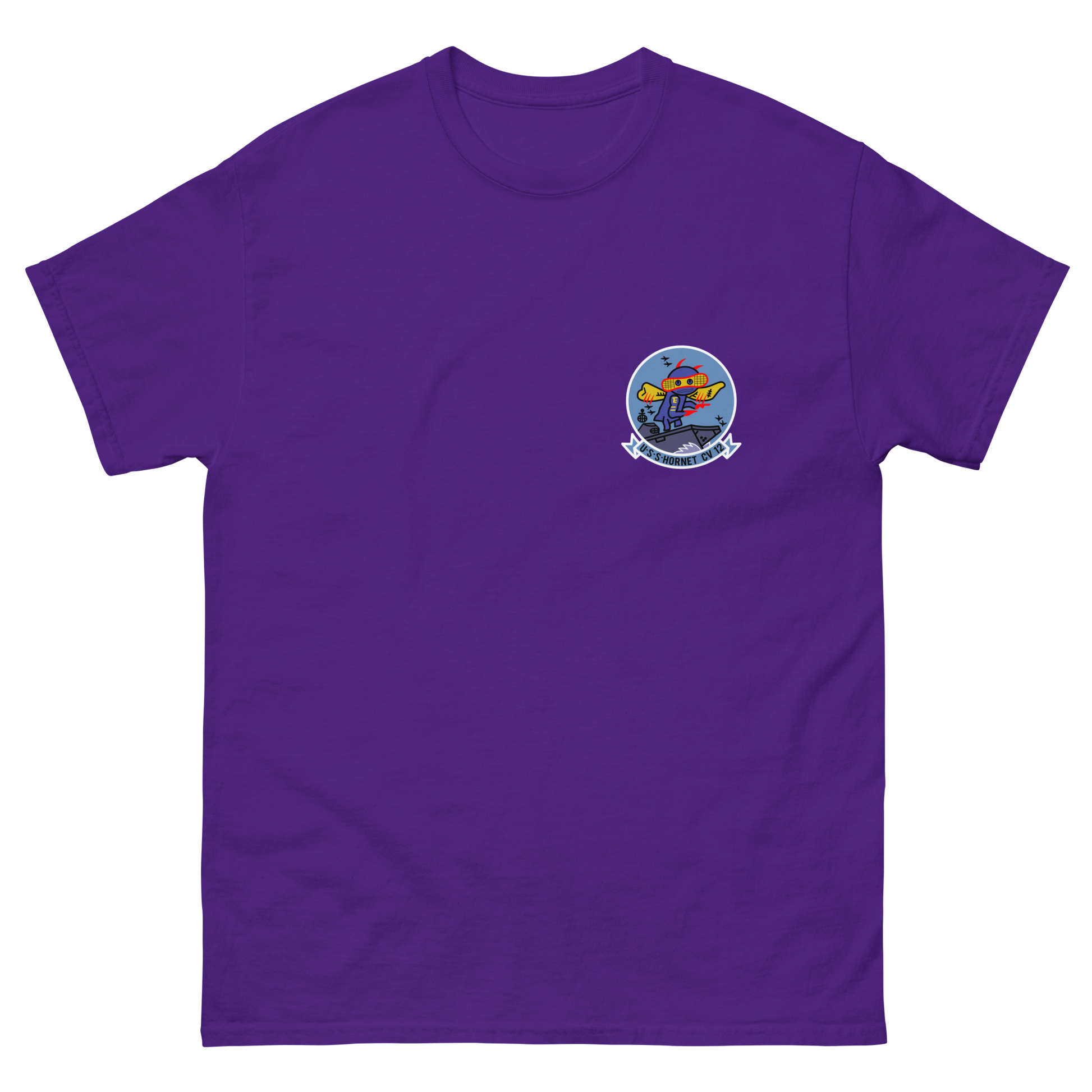 USS Hornet (CV-12) Ship's Crest T-Shirt – front view, purple