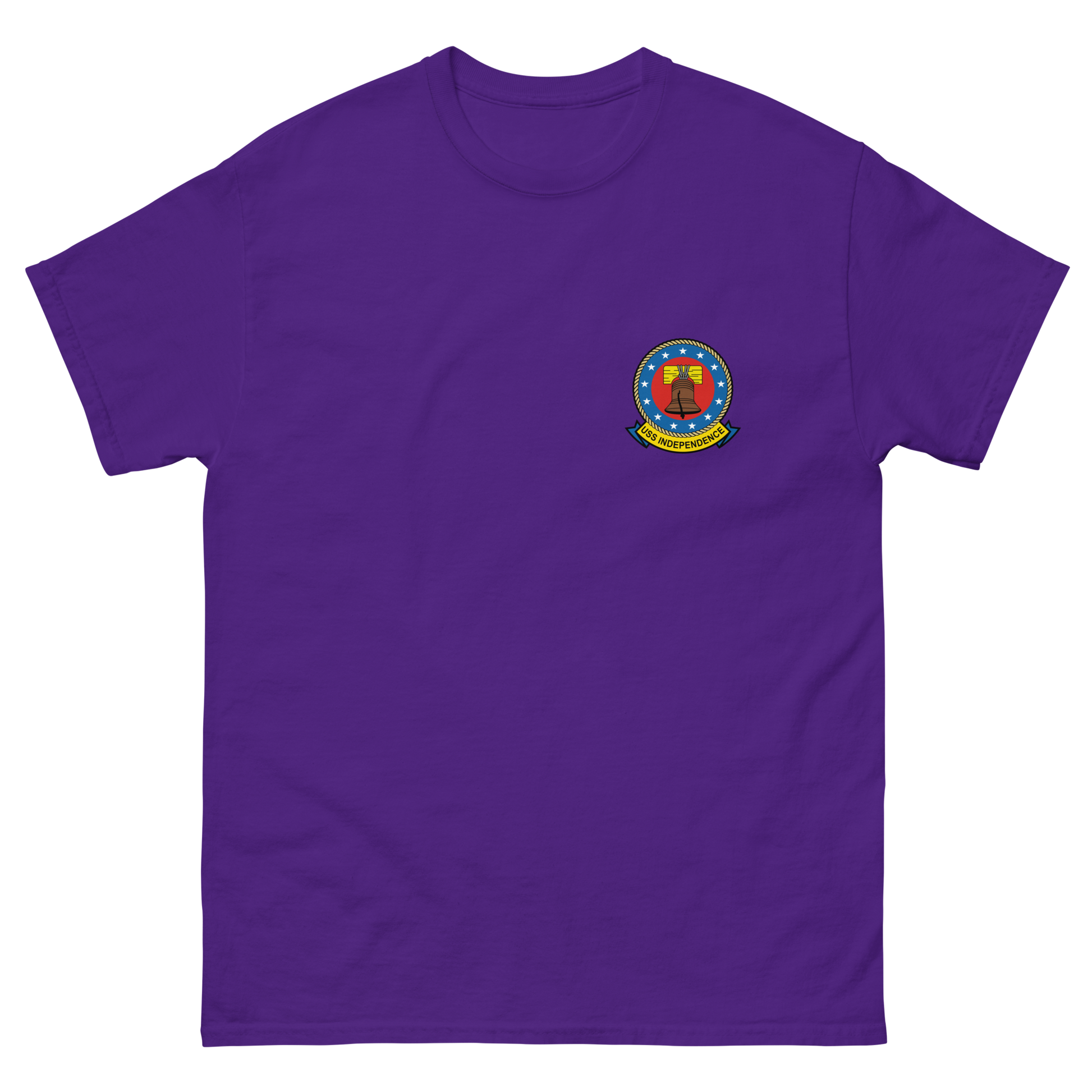 USS Independence (CVA/CV-62) Ship's Crest T-Shirt – front view, purple