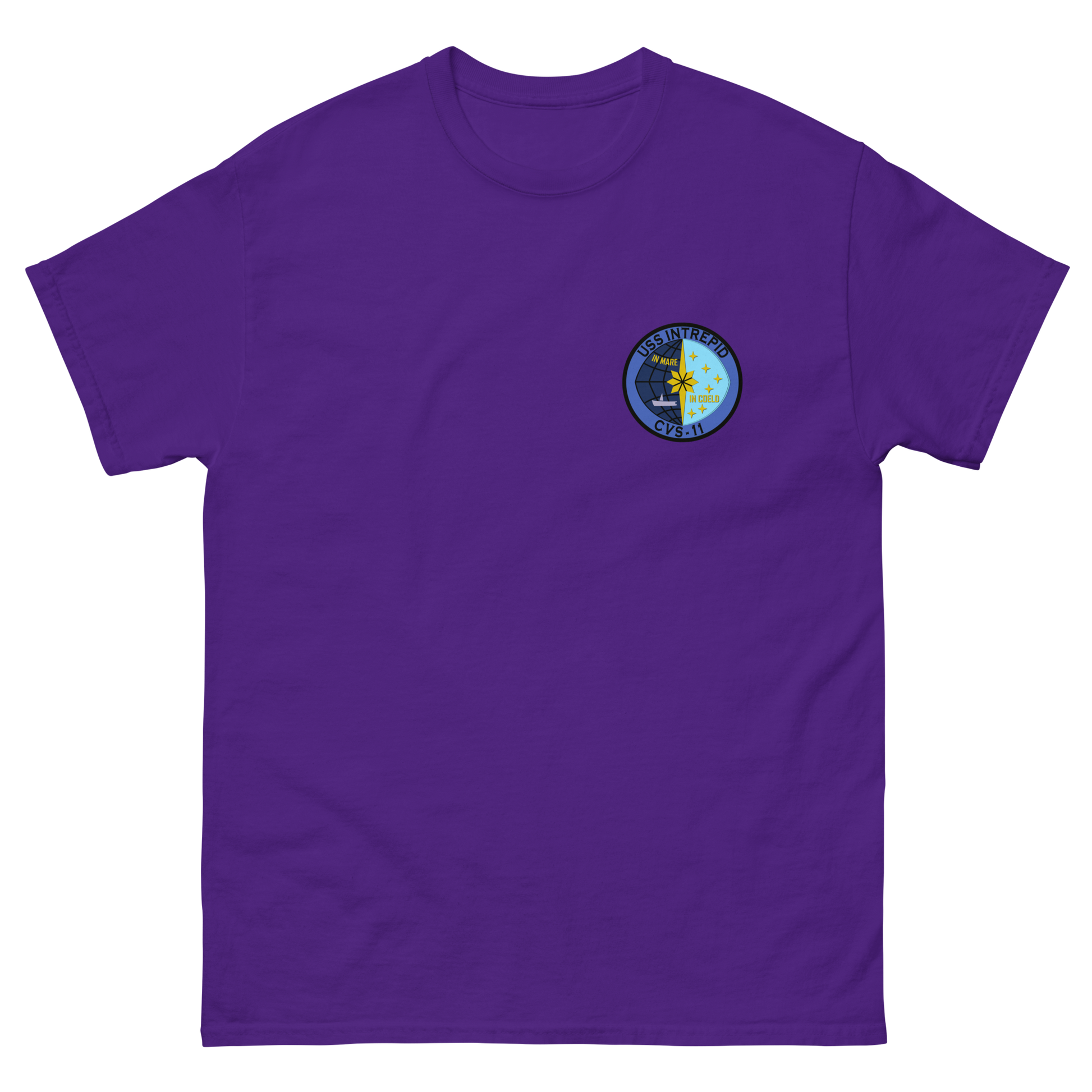 USS Intrepid (CVS-11) Ship's Crest T-Shirt – front view, purple