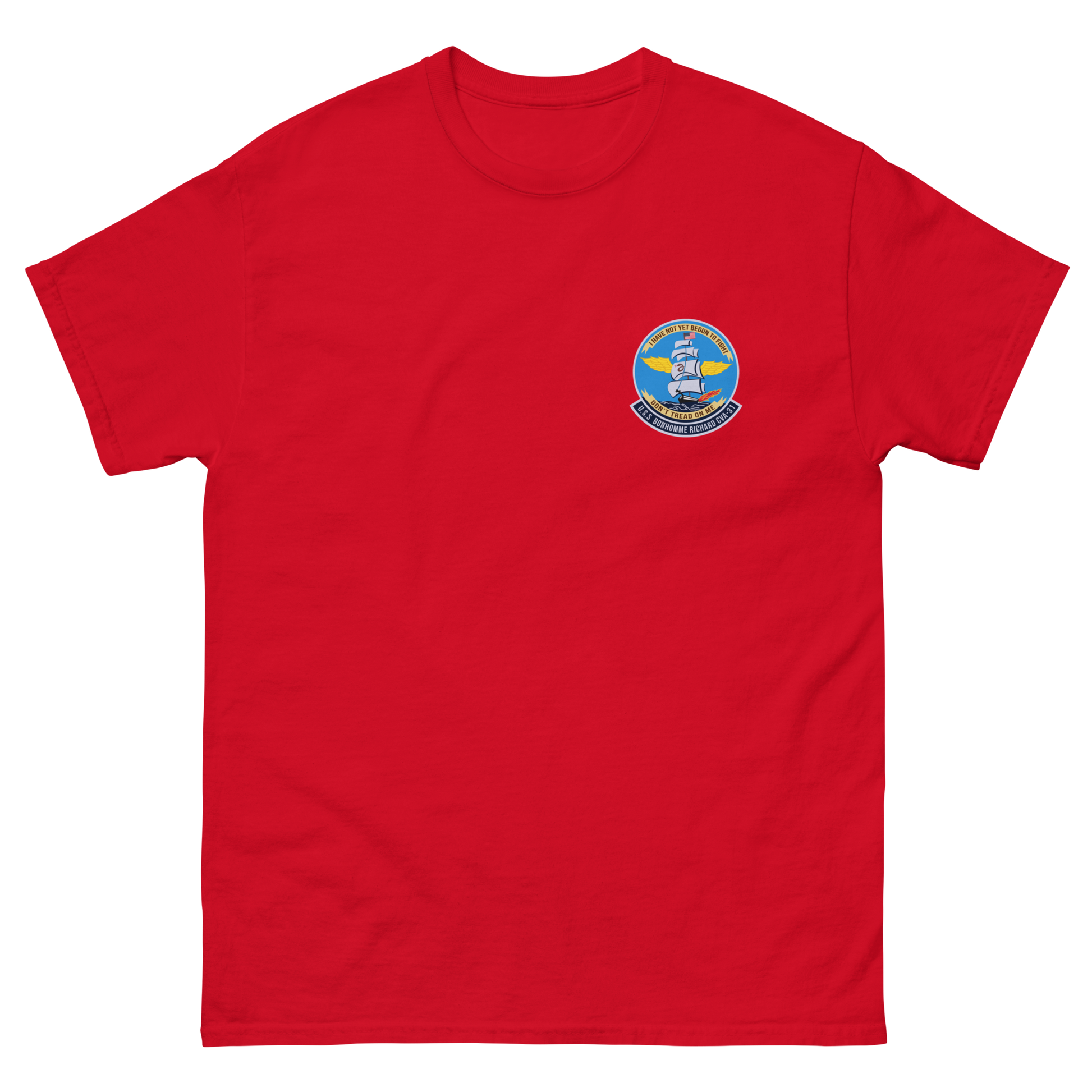 USS Bonhomme Richard (CVA-31) Ship's Crest T-Shirt – front view, red