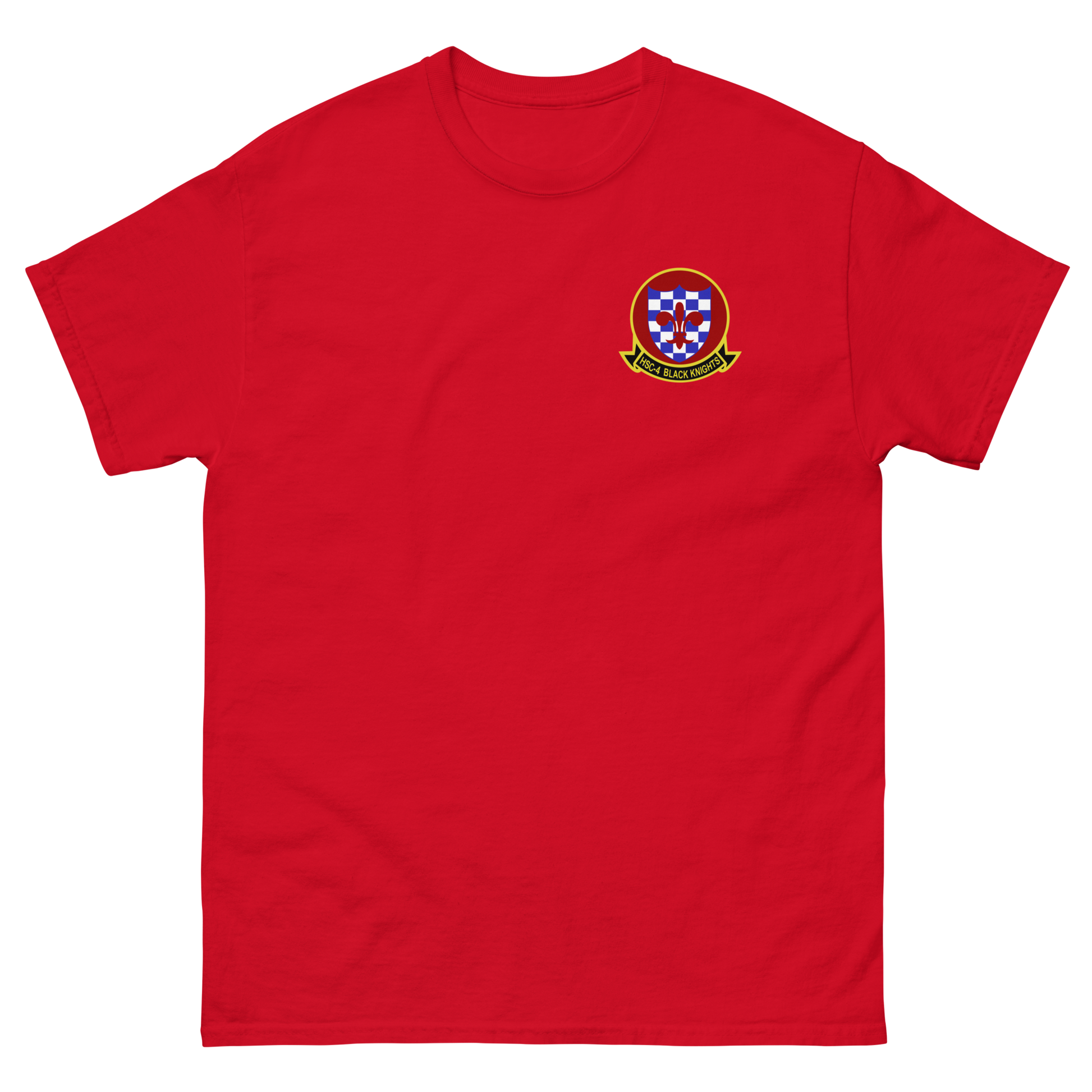 HSC-4 Black Knights Squadron Crest Shirt – front view, red