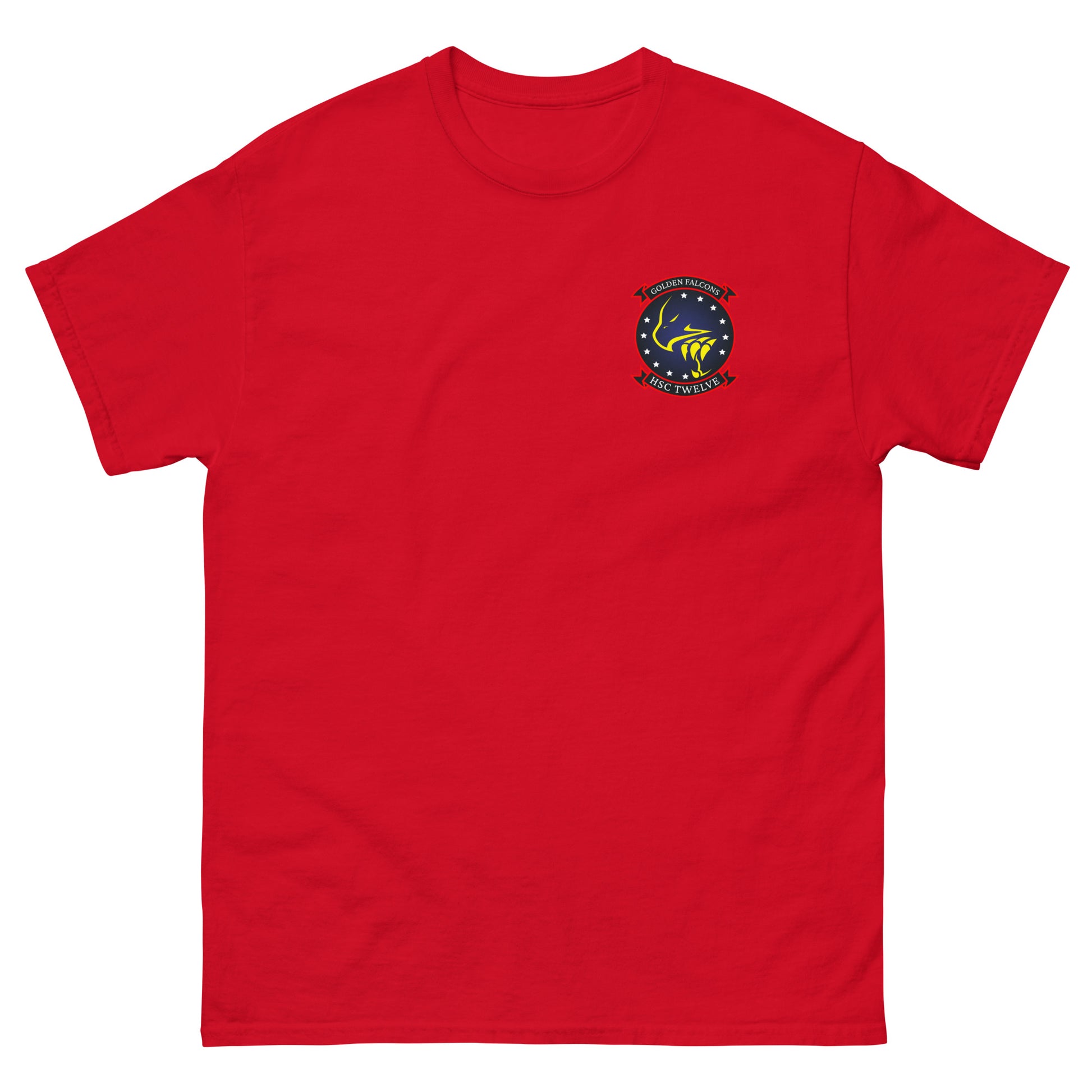 HSC-12 Golden Falcons Squadron Crest T-Shirt – front view, red