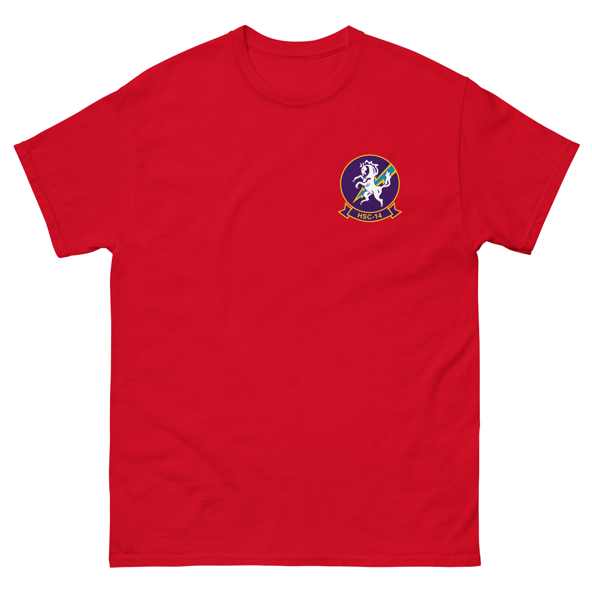 HSC-14 Chargers Squadron Crest T-Shirt – front view, red