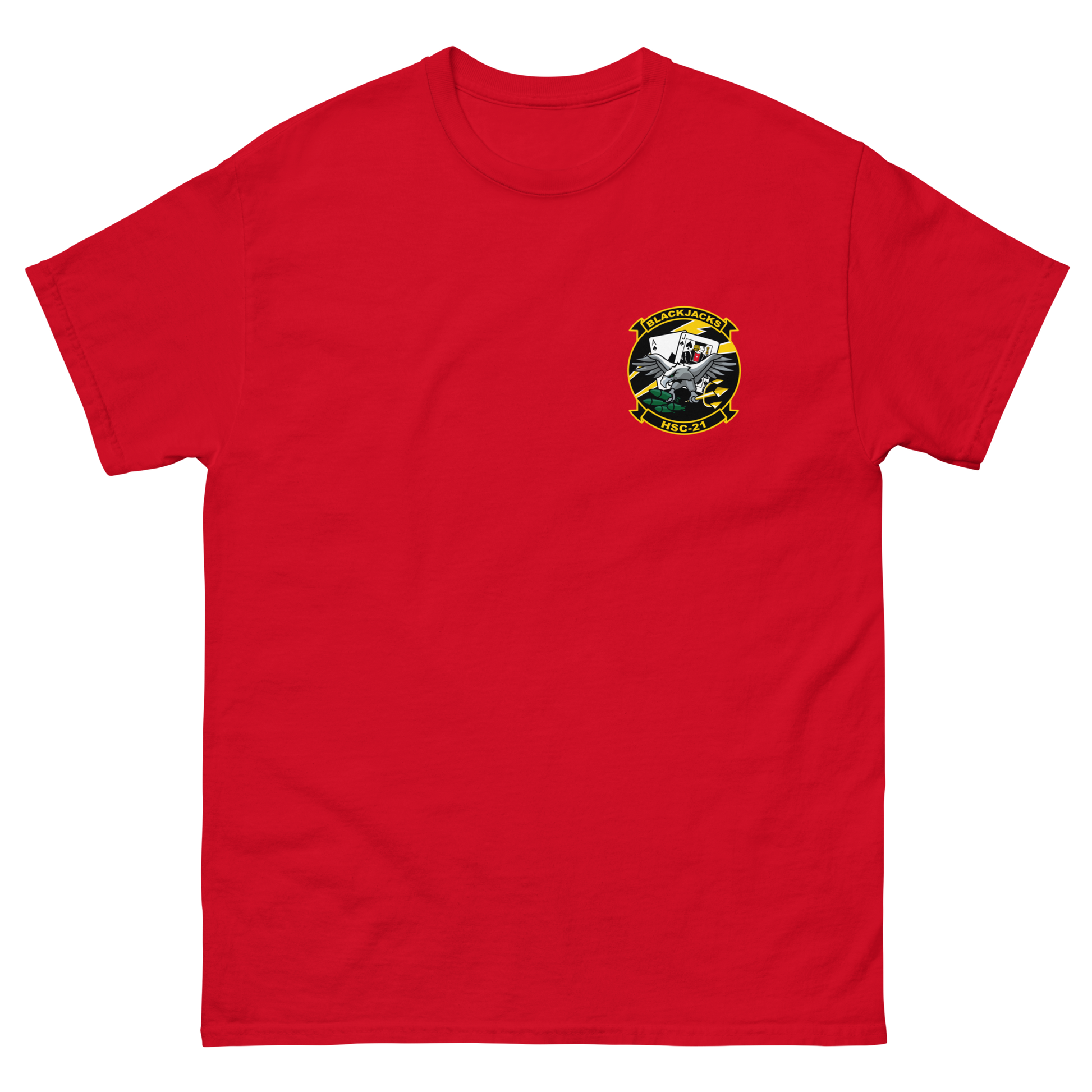 HSC-21 Blackjacks Squadron Crest T-Shirt – front view, red
