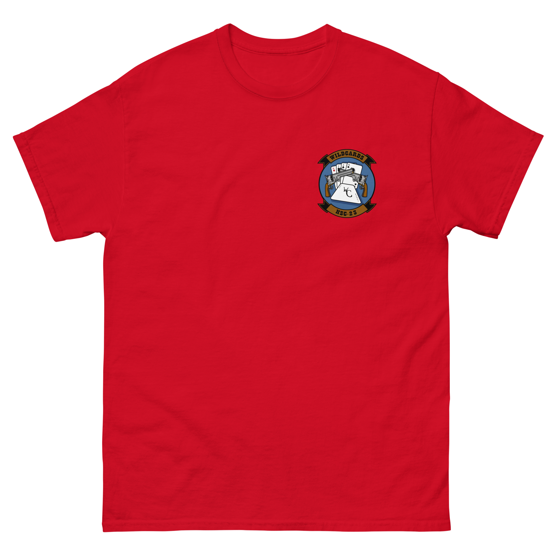 HSC-23 Wildcards Squadron Crest T-Shirt – front view, red