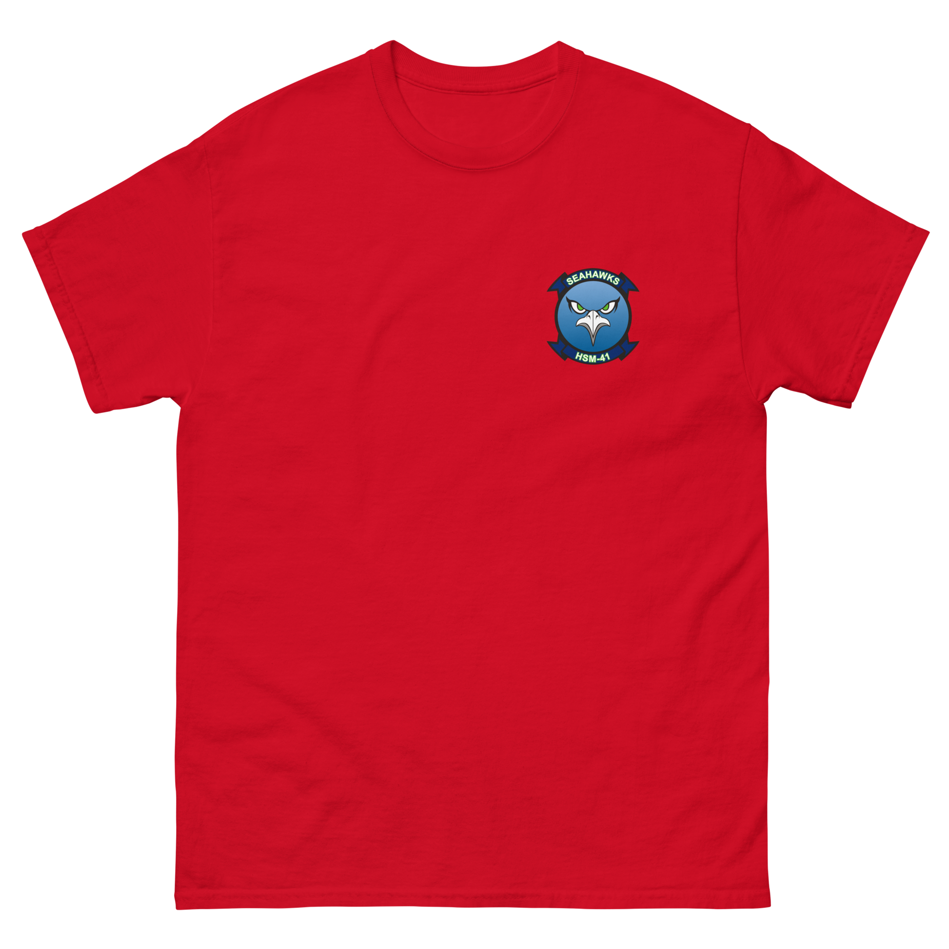 HSM-41 Seahawks Squadron Crest T-Shirt – front view, red