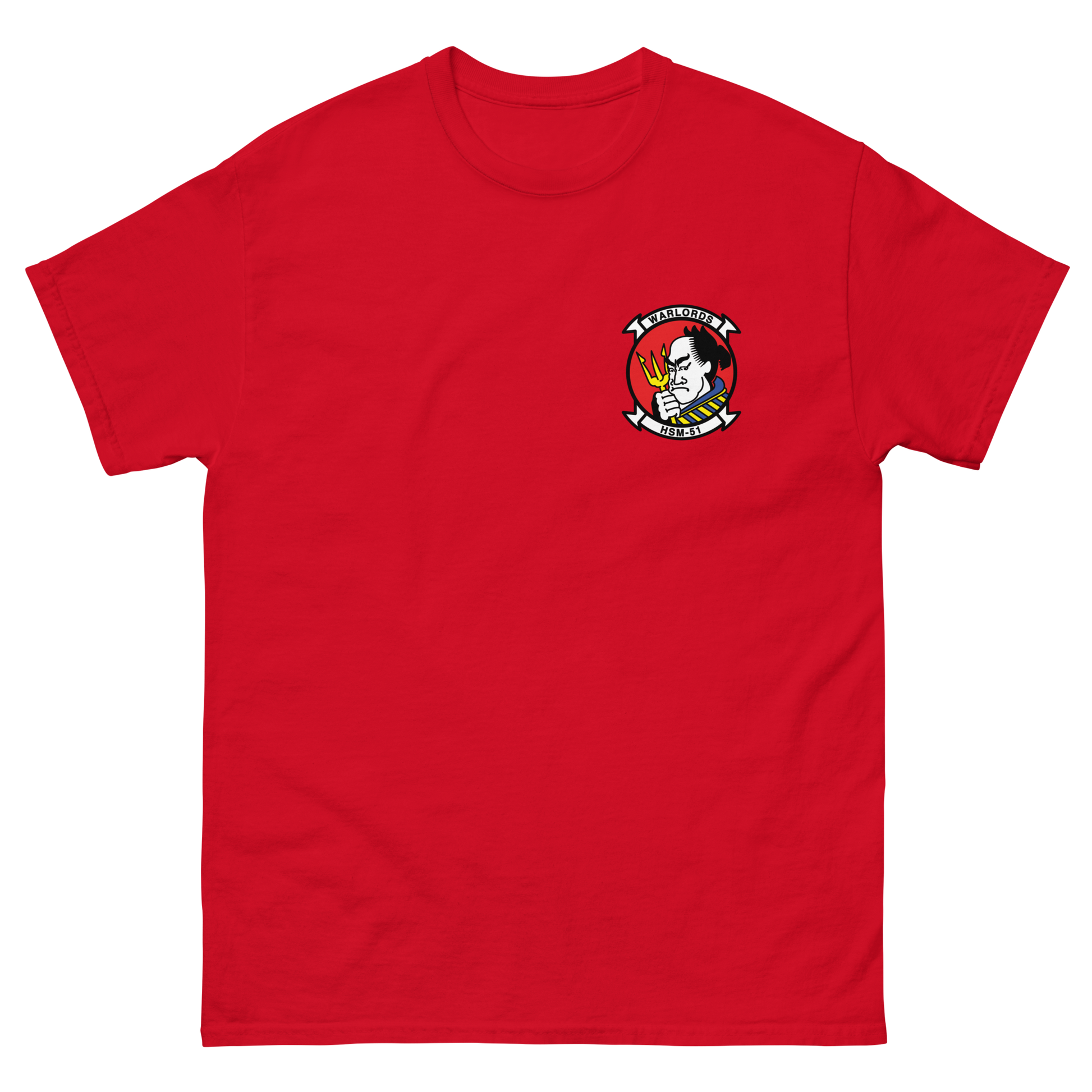 HSM-51 Warlords Squadron Crest T-Shirt – front view, red