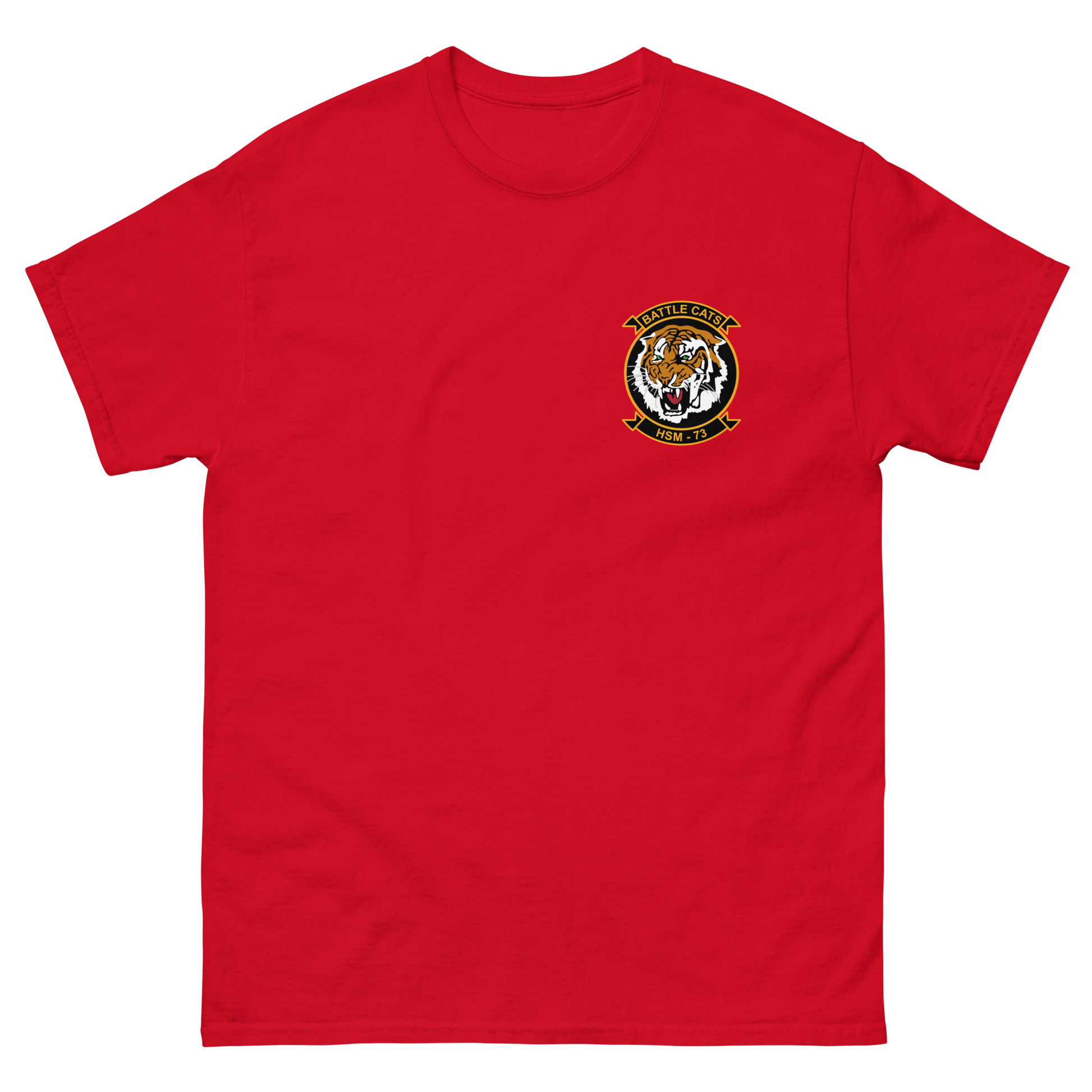 HSM-73 Battlecats Squadron Crest Shirt – front view, red