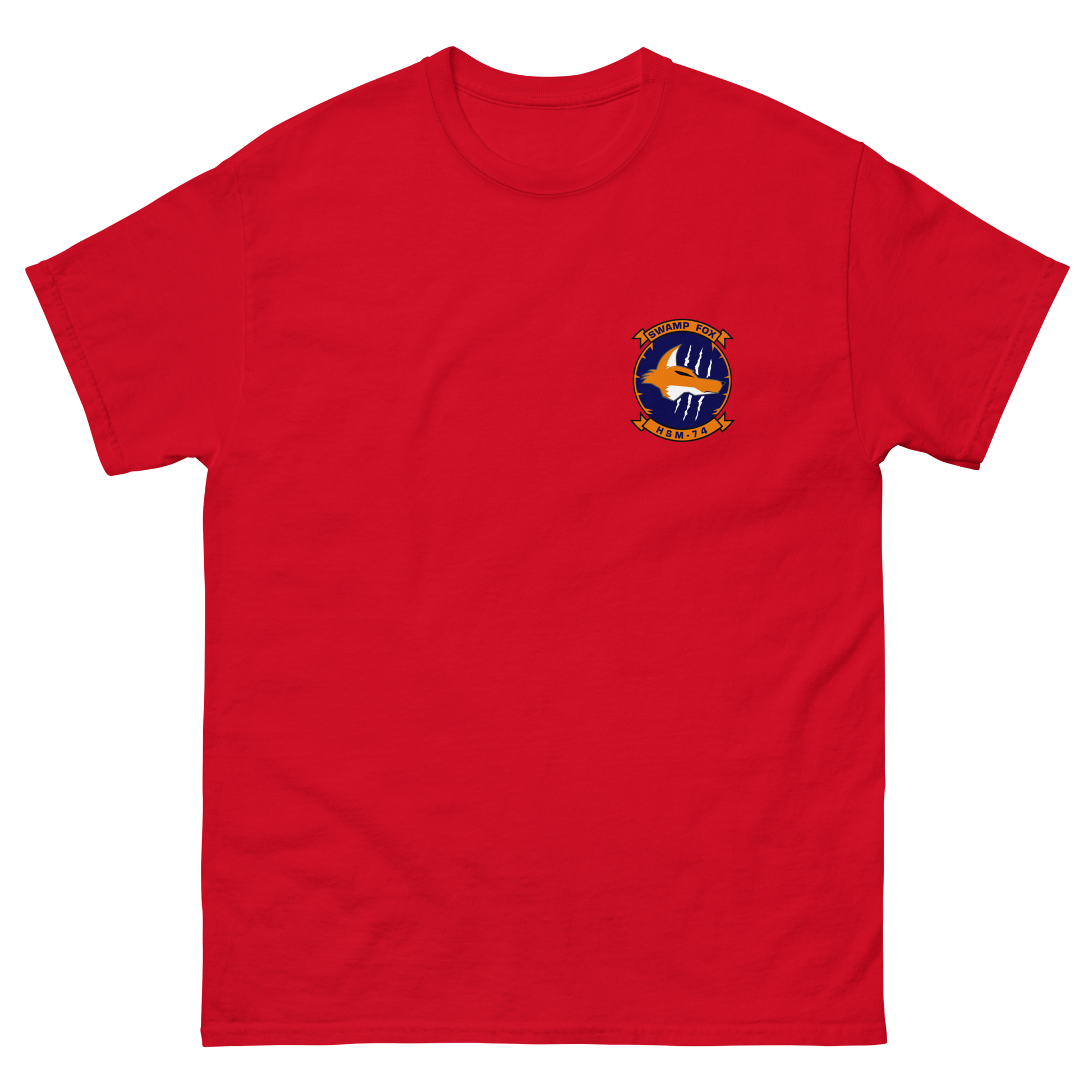 HSM-74 Swamp Foxes Squadron Crest Shirt – front view, red