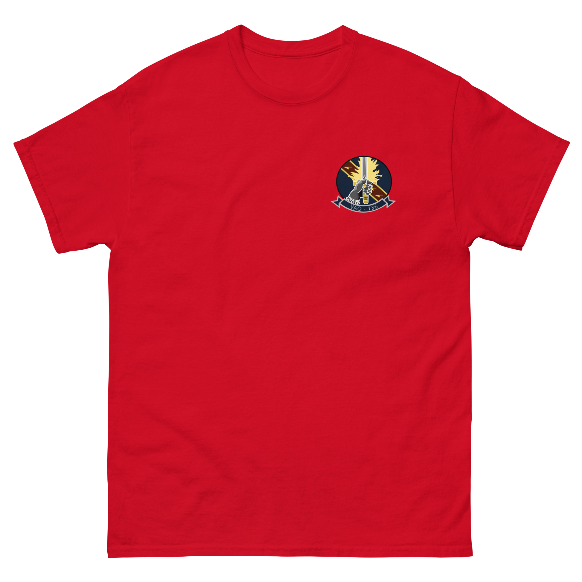 VAQ-136 Gauntlets Squadron Crest T-Shirt – front view, red