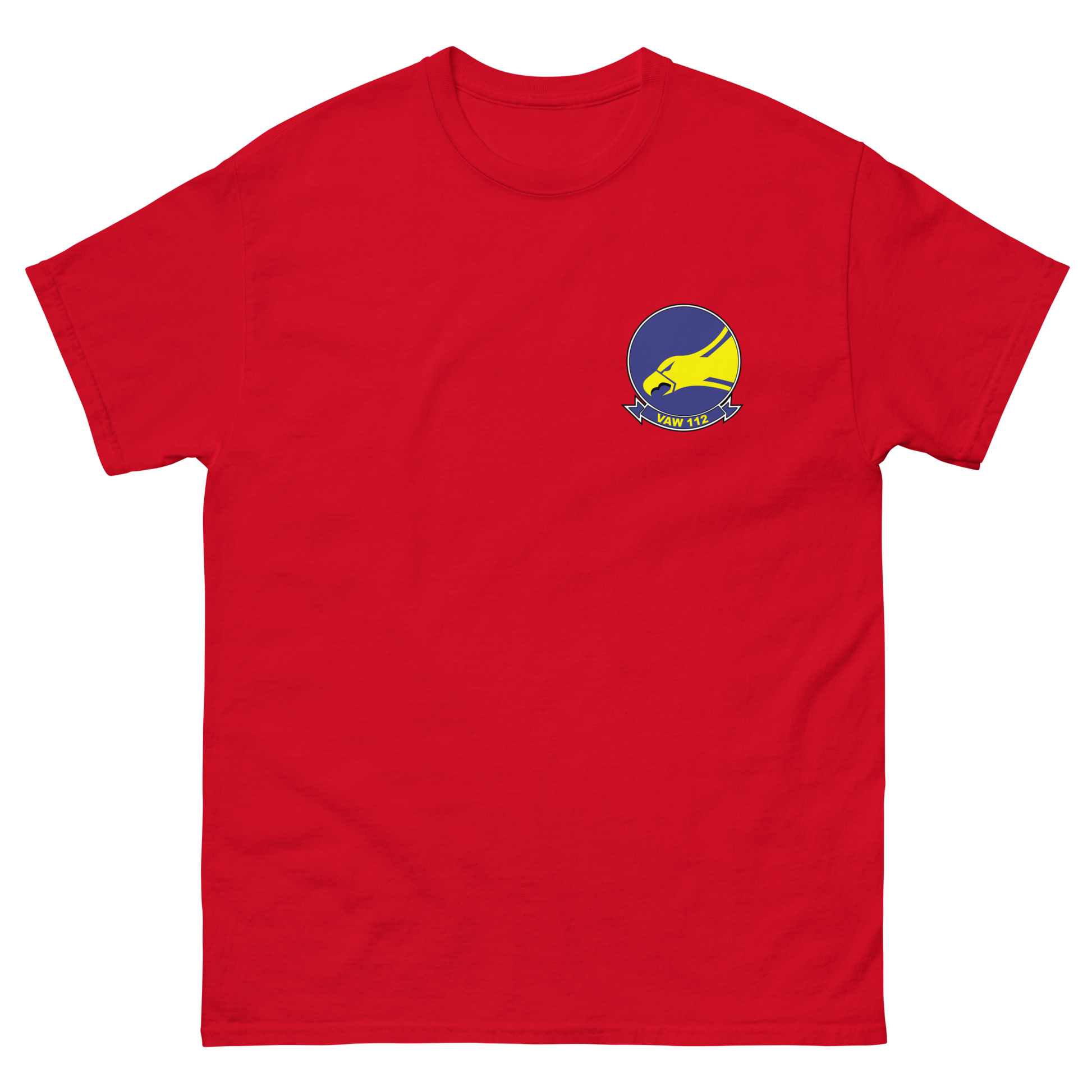 VAW-112 Golden Hawks Squadron Crest T-Shirt – front view, red