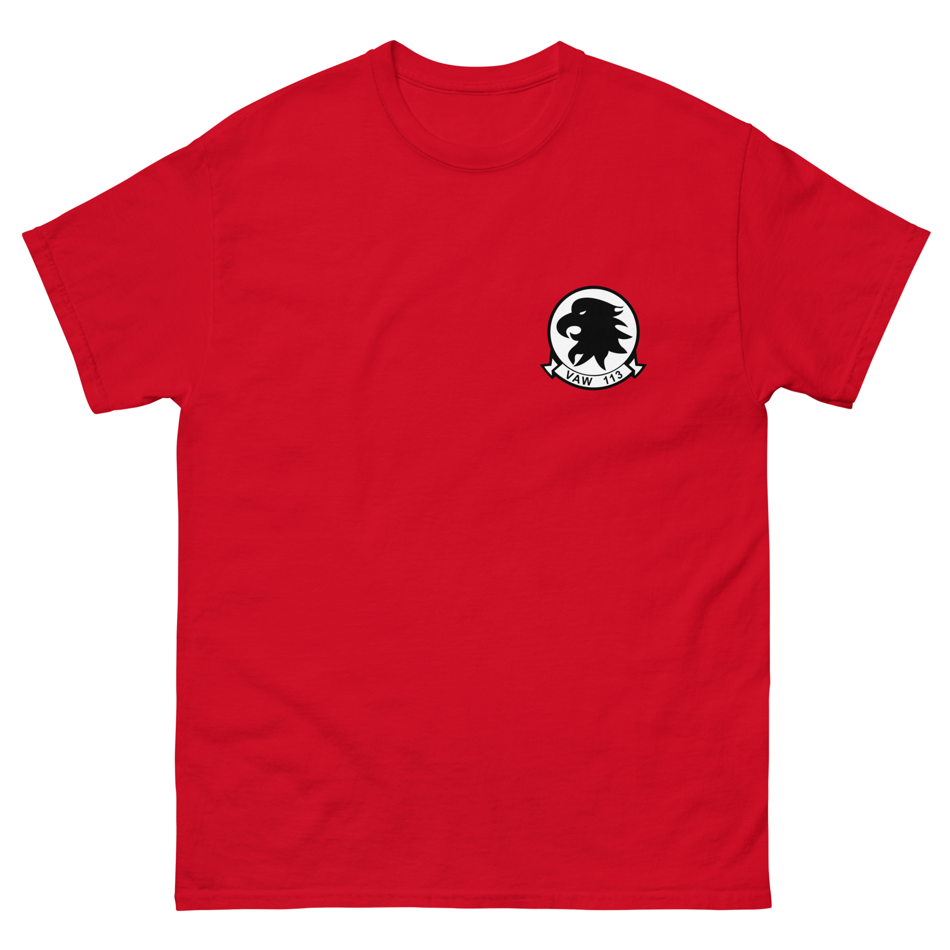 VAW-113 Black Eagles Squadron Crest T-Shirt – front view, red