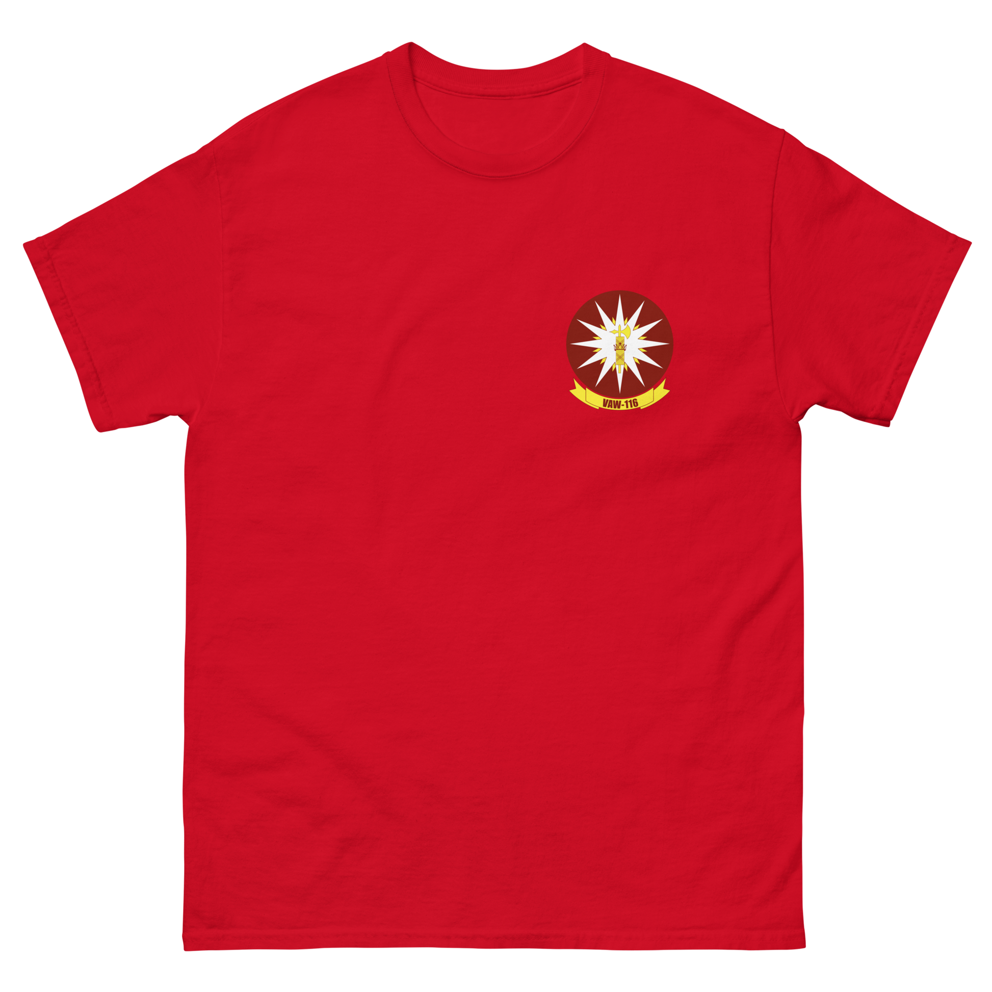 VAW-116 Sun Kings Squadron Crest T-Shirt – front view, red
