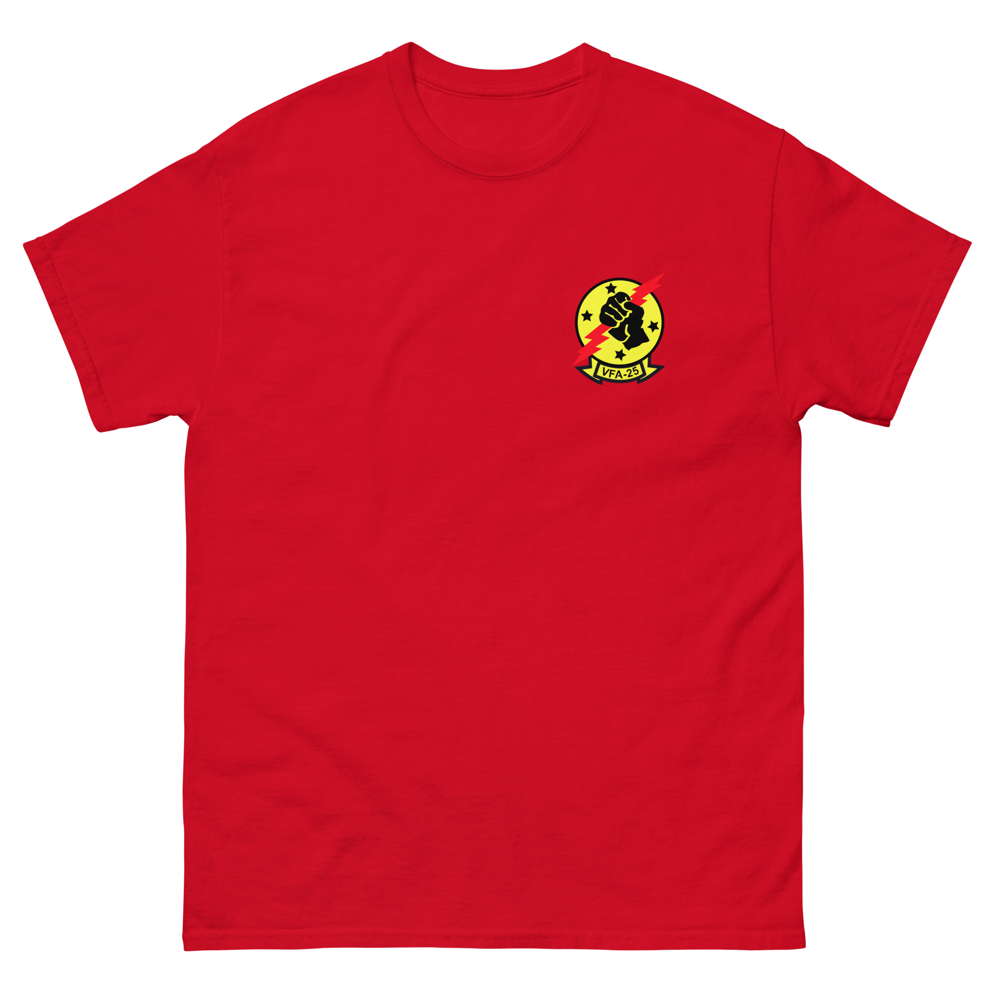 VFA-25 Fist of the Fleet Squadron Crest T-Shirt – front view, red