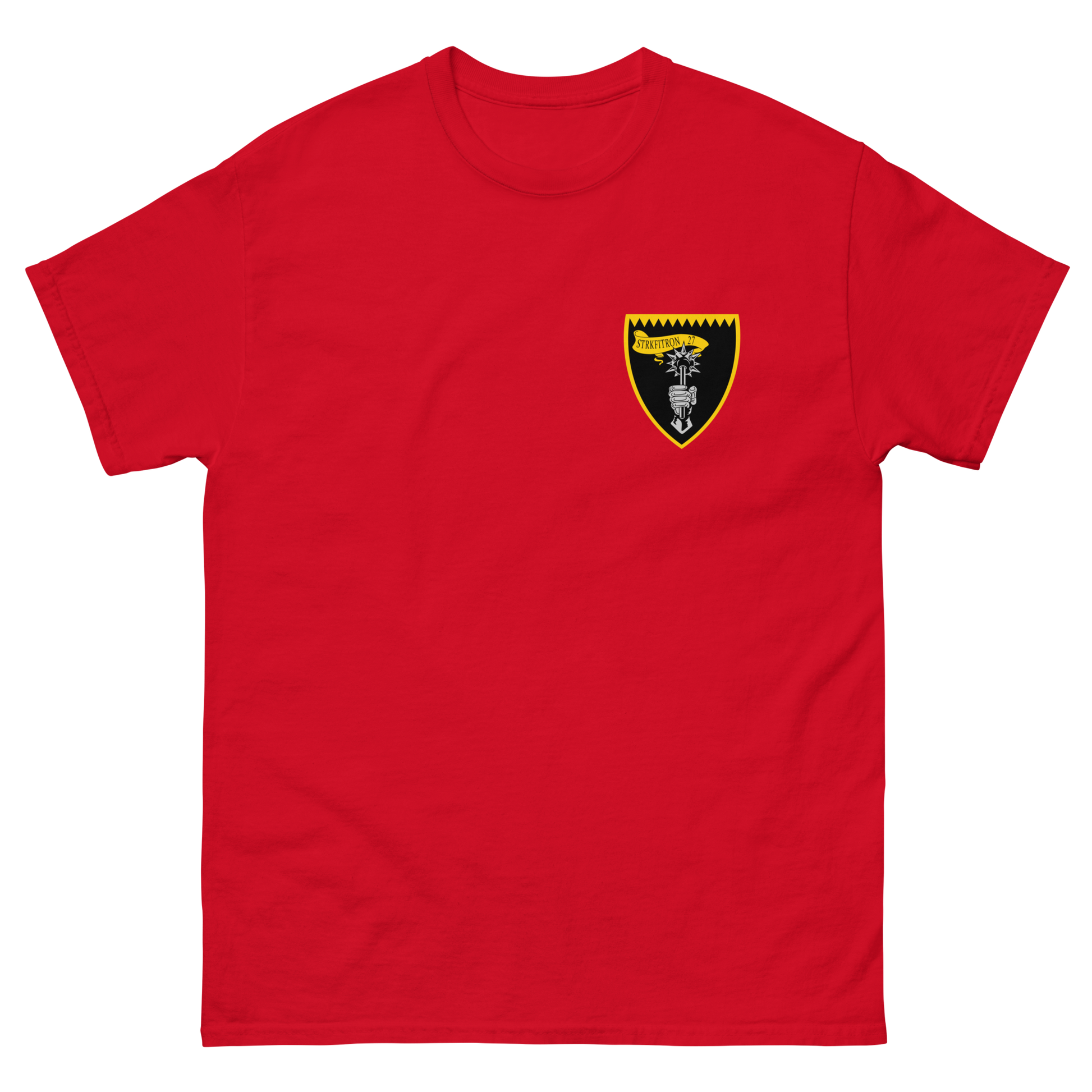 VFA-27 Royal Maces Squadron Crest T-Shirt – front view, red