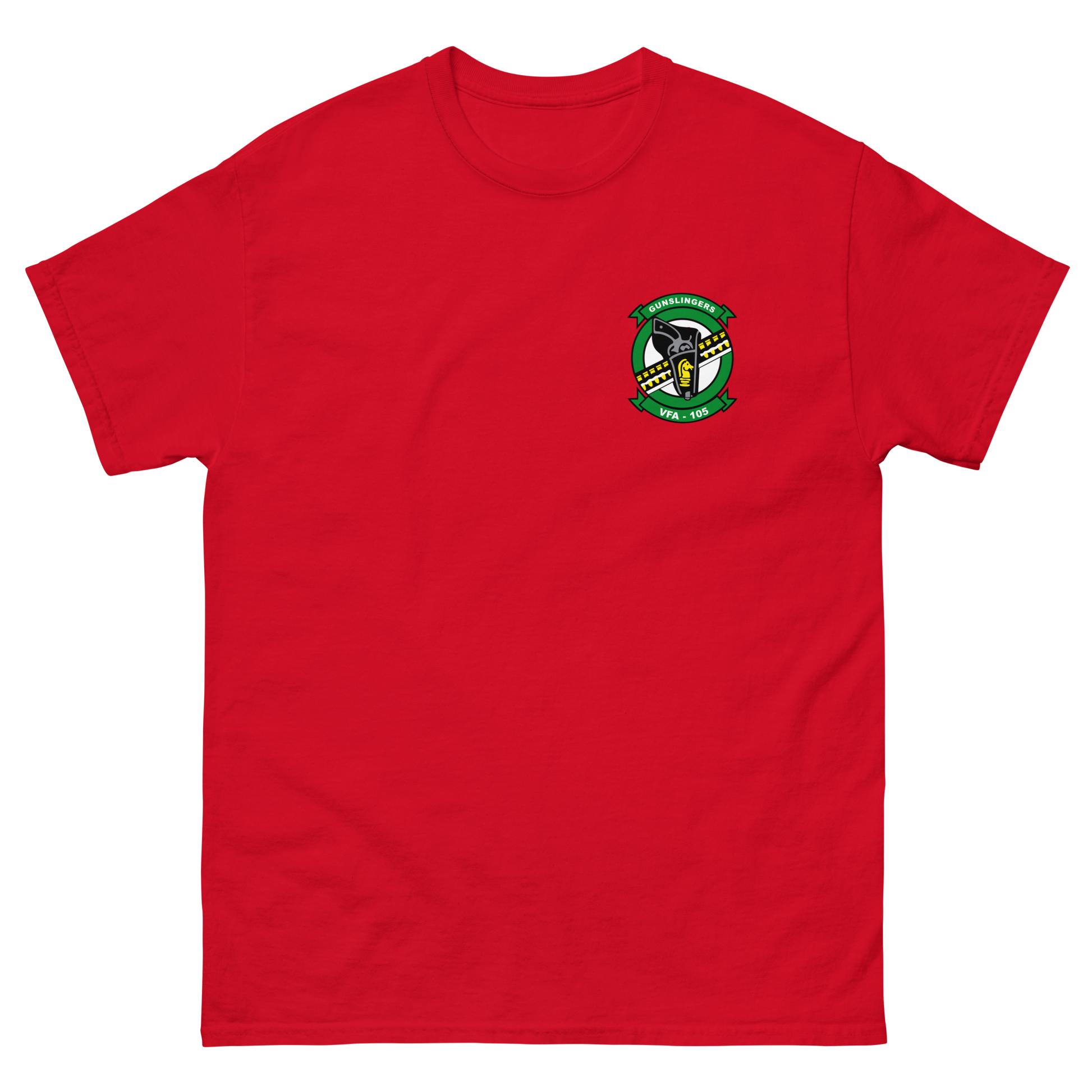 VFA-105 Gunslingers Squadron Crest T-Shirt – front view, red
