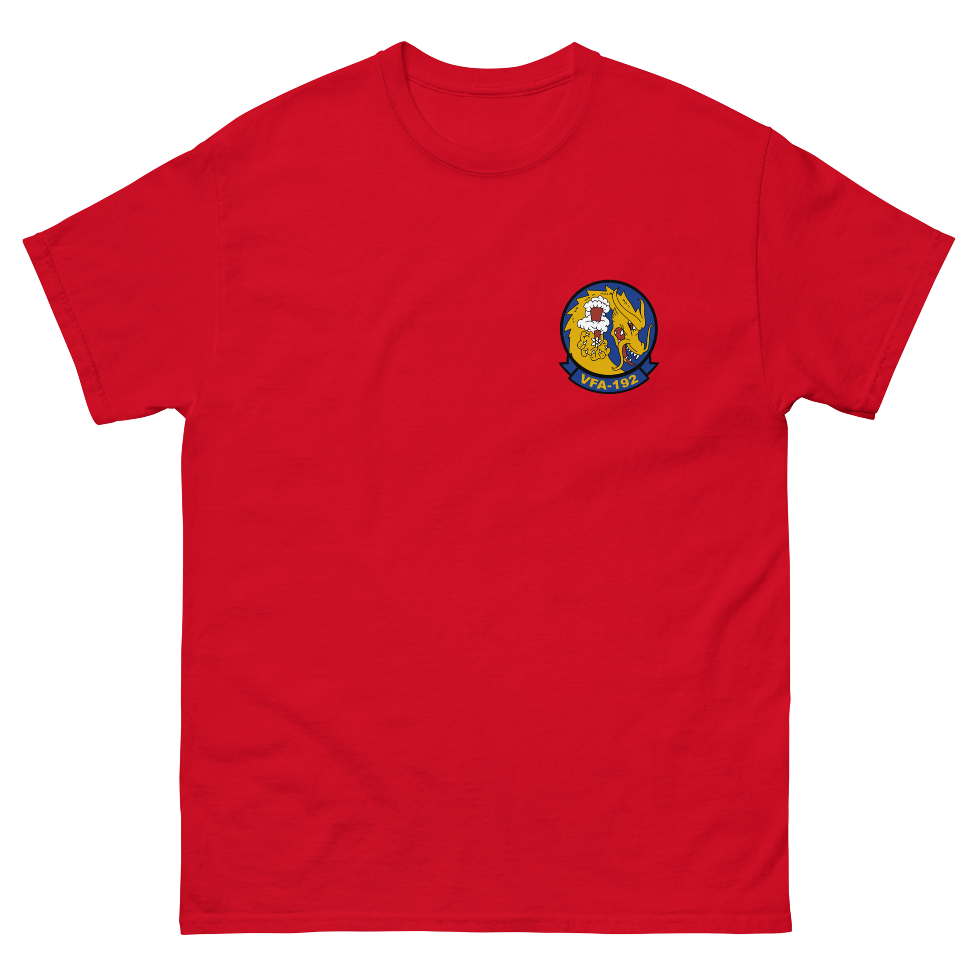 VFA-192 World Famous Golden Dragons Squadron Crest T-Shirt – front view, red