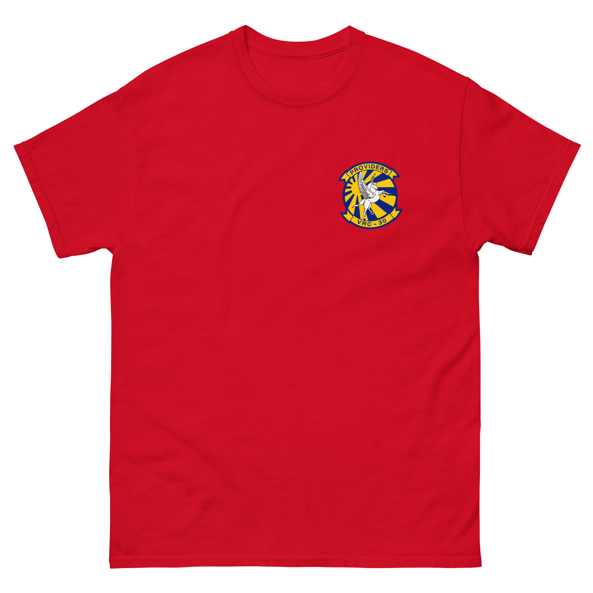 VRC-30 Providers Squadron Crest T-Shirt – front view, red