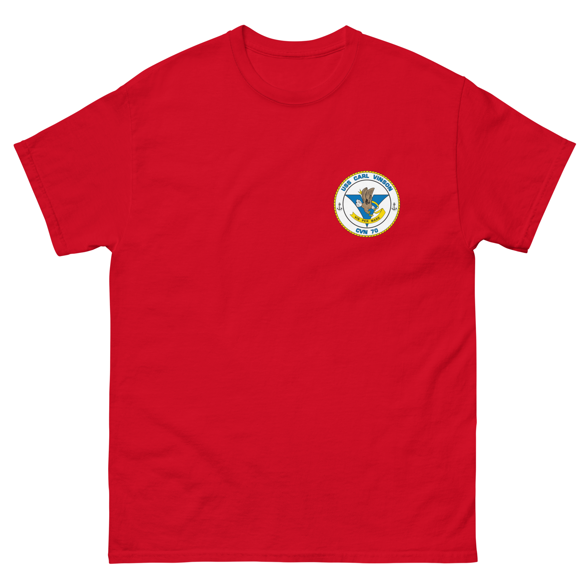 USS Carl Vinson (CVN-70) Ship's Crest Shirt – front view, red