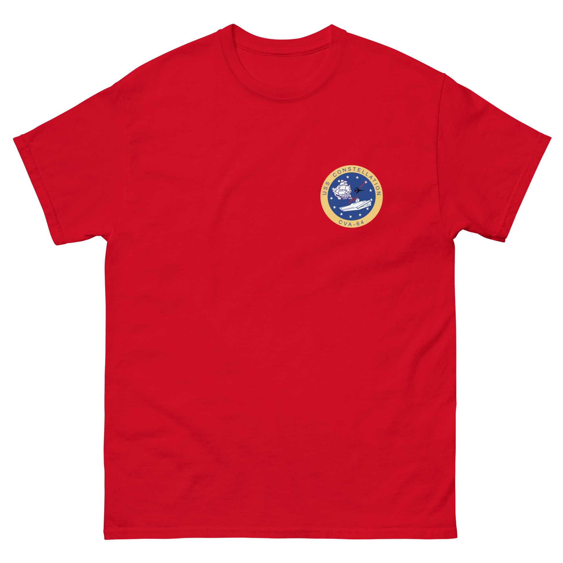 USS Constellation (CVA-64) Ship's Crest Shirt – front view, red