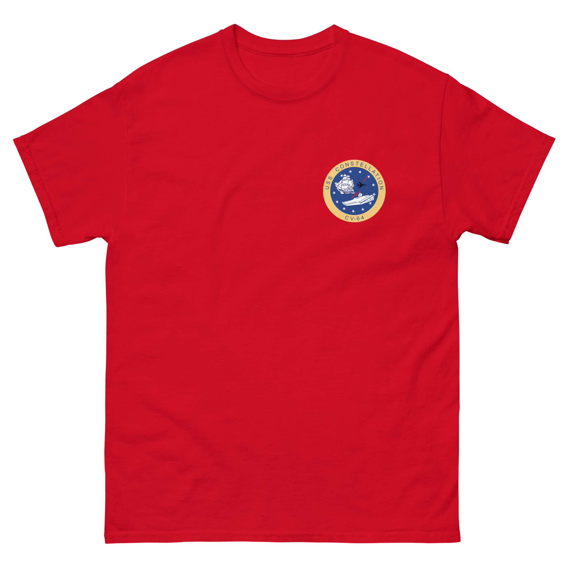USS Constellation (CV-64) Ship's Crest T-Shirt – front view, red