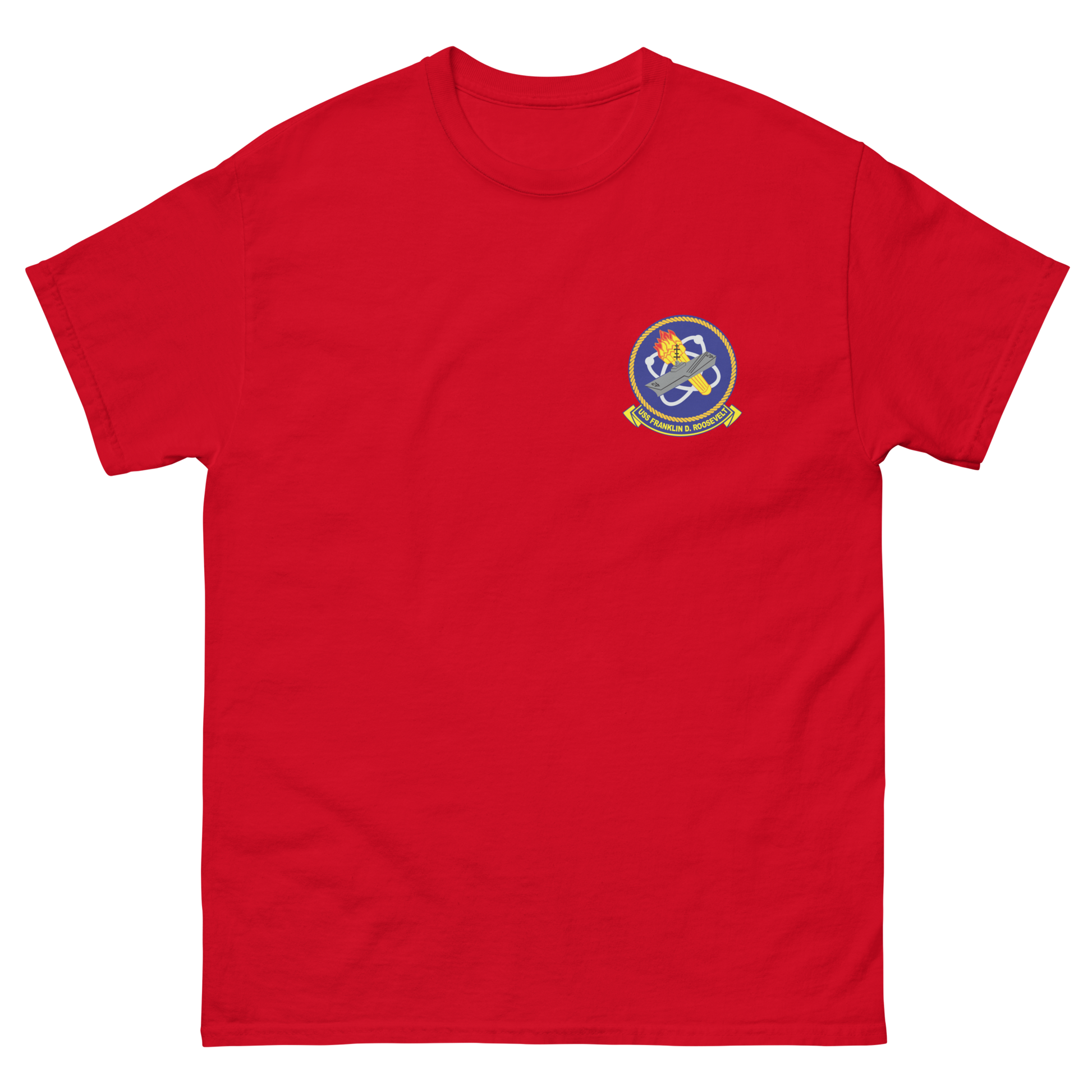 USS Franklin D. Roosevelt (CVB/CVA/CV-42) Ship's Crest T-Shirt – front view, red