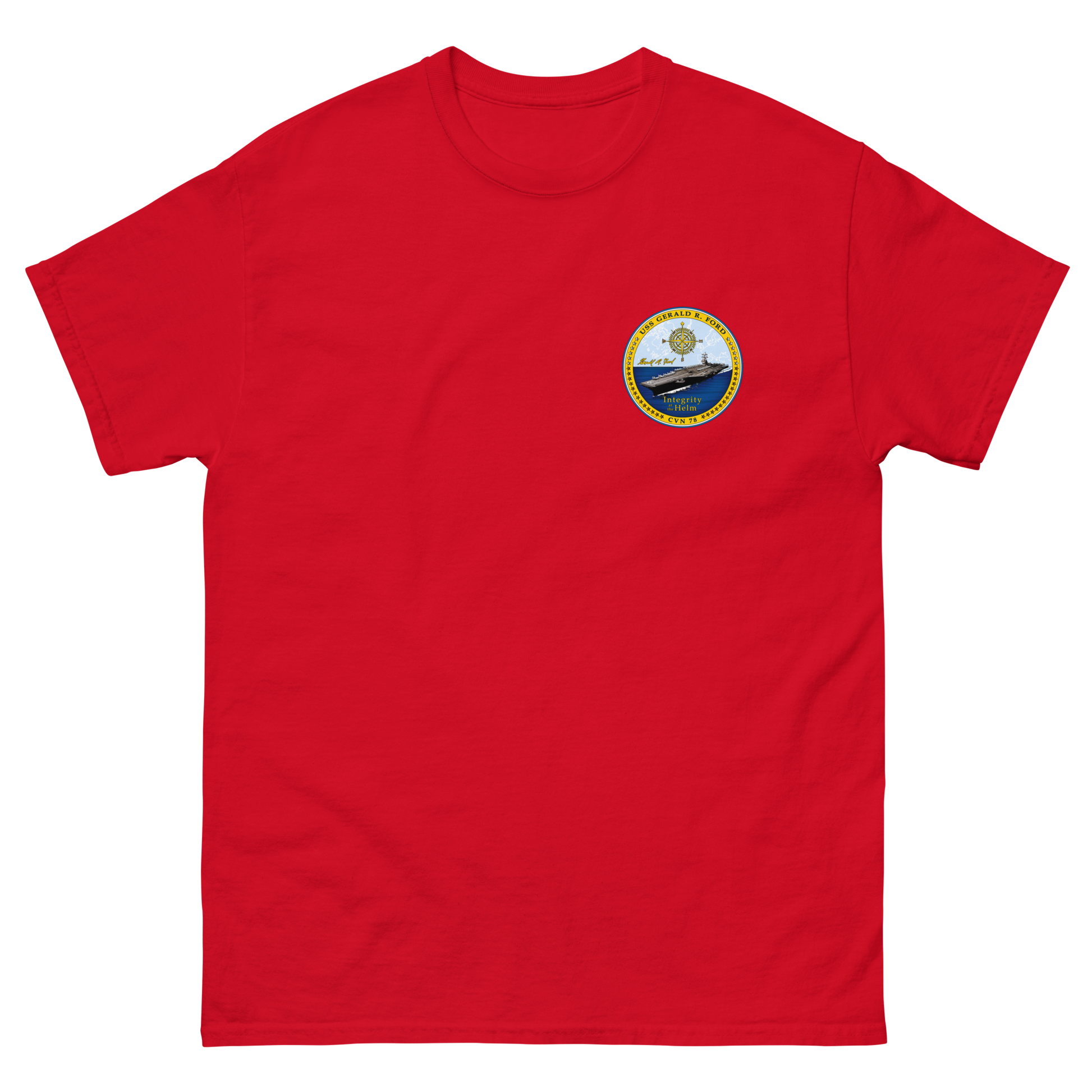 USS Gerald R. Ford (CVN-78) Ship's Crest T-Shirt – front view, red