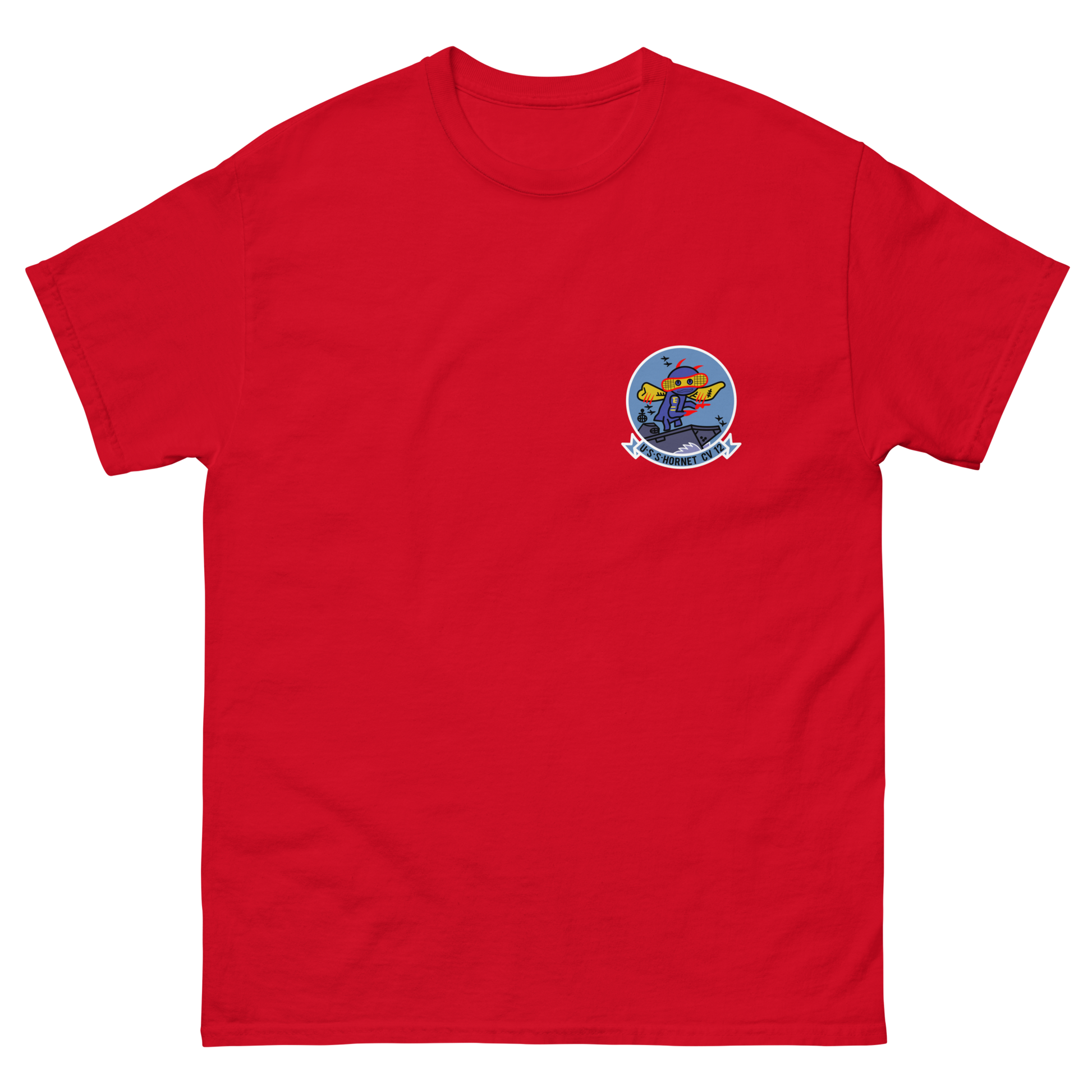 USS Hornet (CV-12) Ship's Crest T-Shirt – front view, red