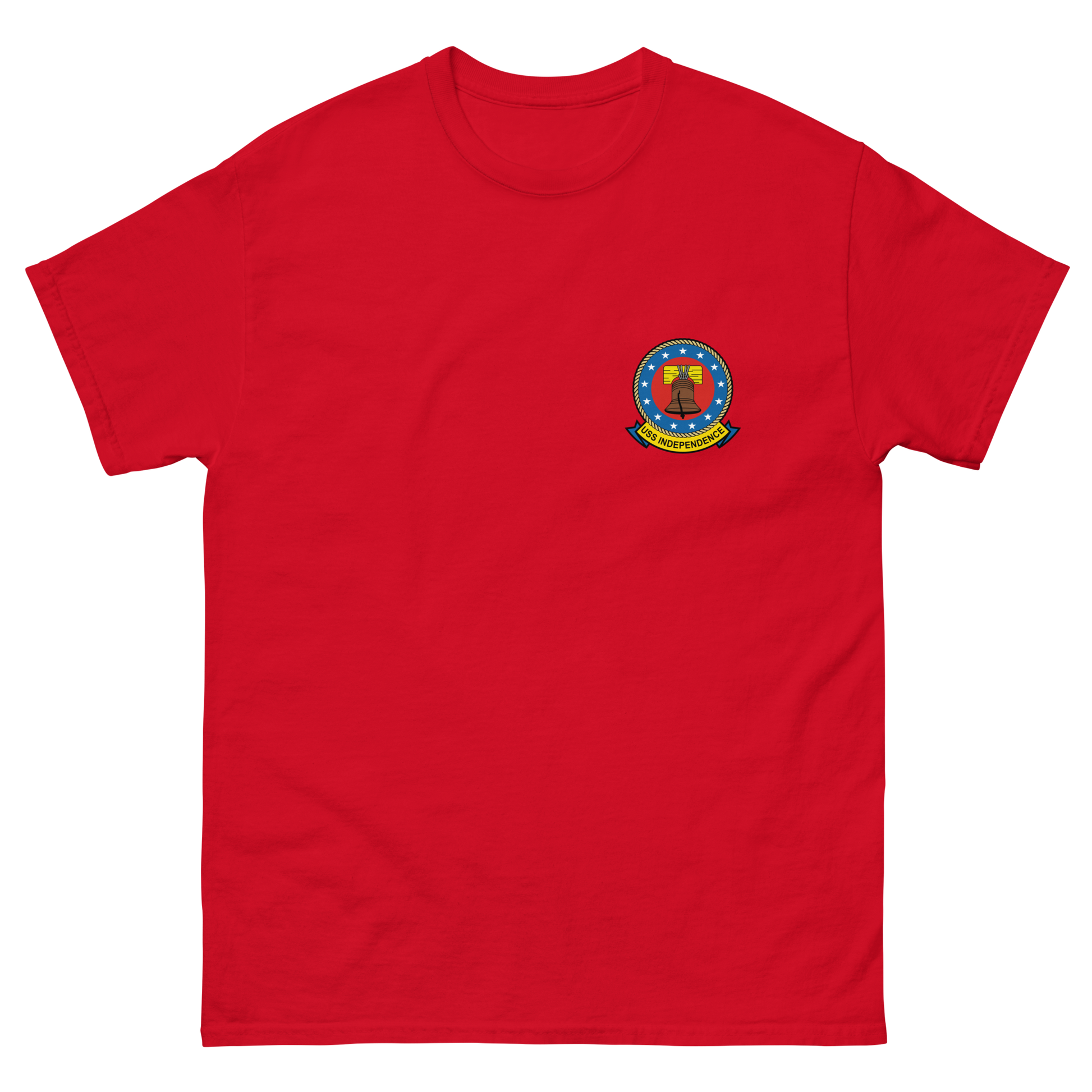 USS Independence (CVA/CV-62) Ship's Crest T-Shirt – front view, red