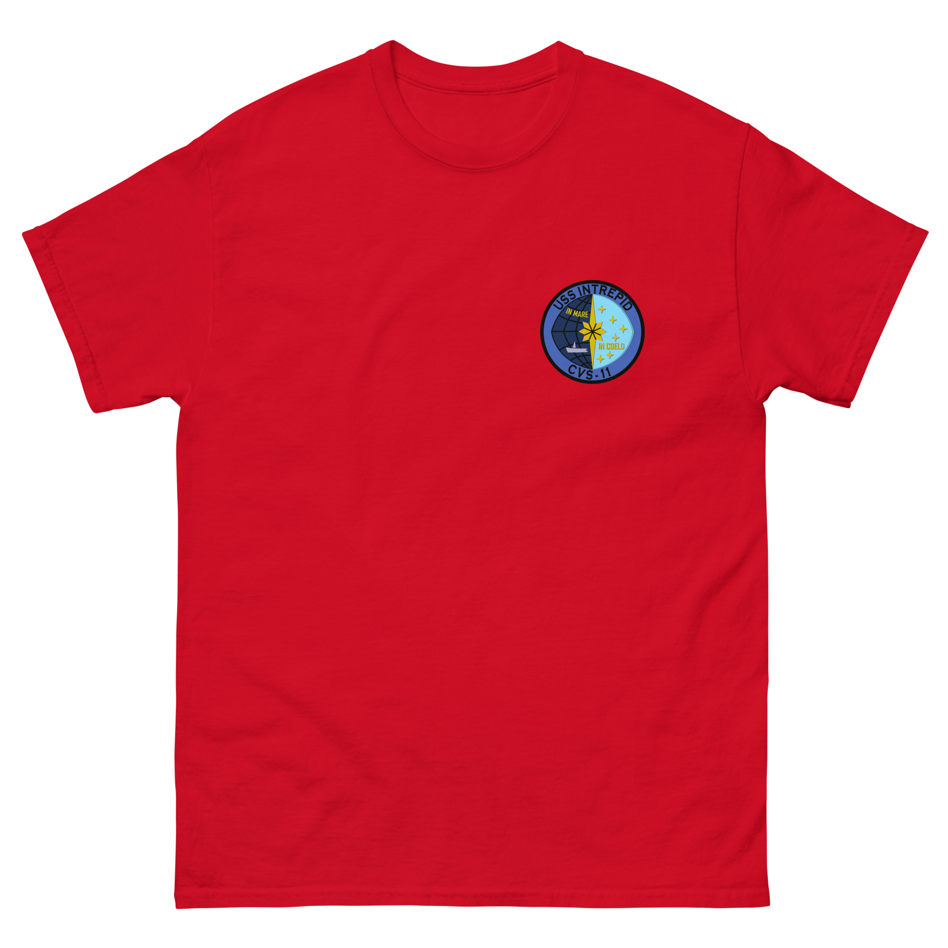 USS Intrepid (CVS-11) Ship's Crest T-Shirt – front view, red