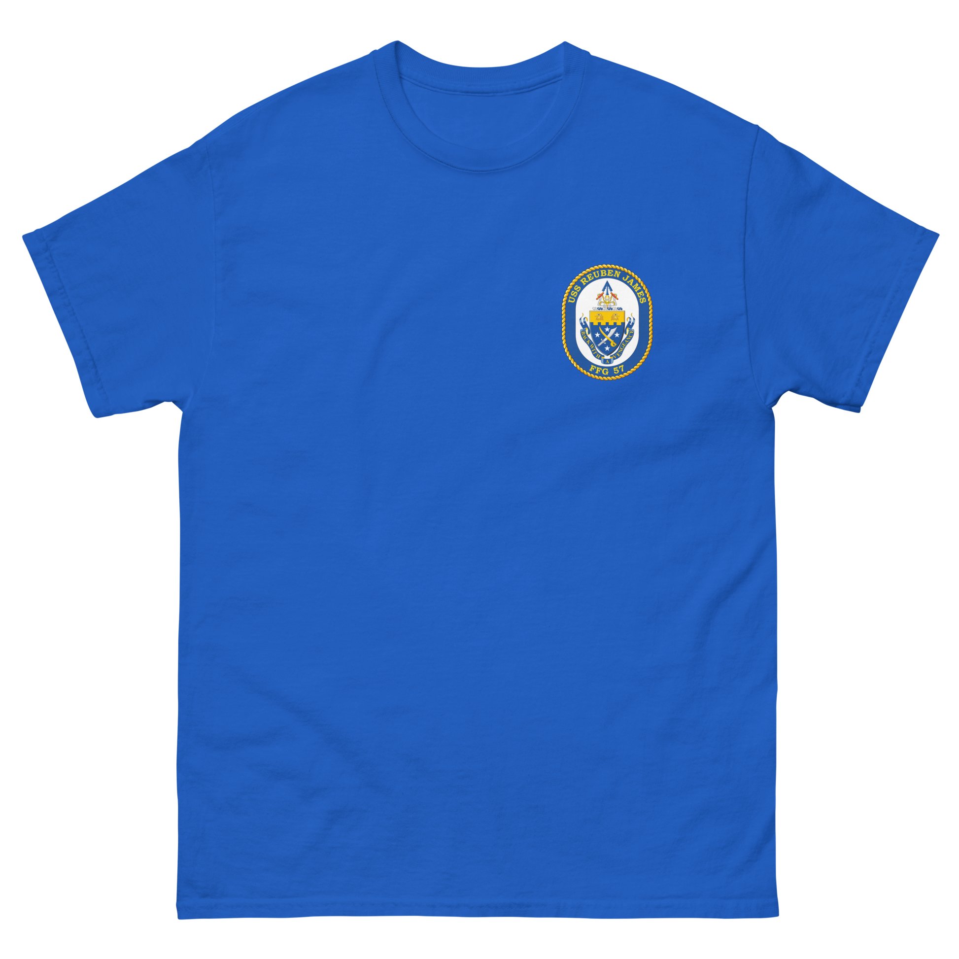 USS Reuben James (FFG-57) Ship's Crest Shirt – front view, royal