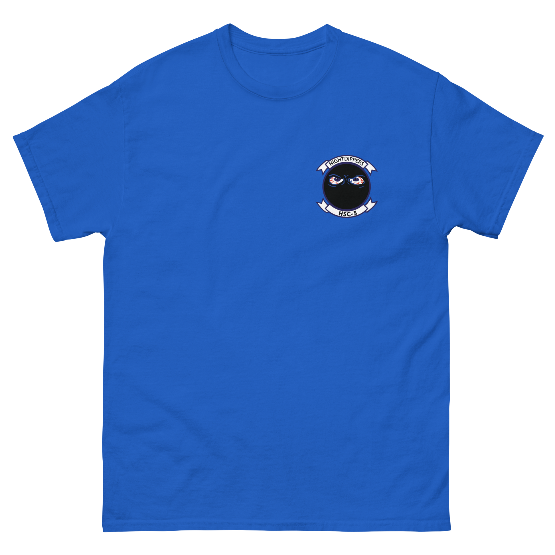 HSC-5 Nightdippers Squadron Crest Shirt – front view, royal